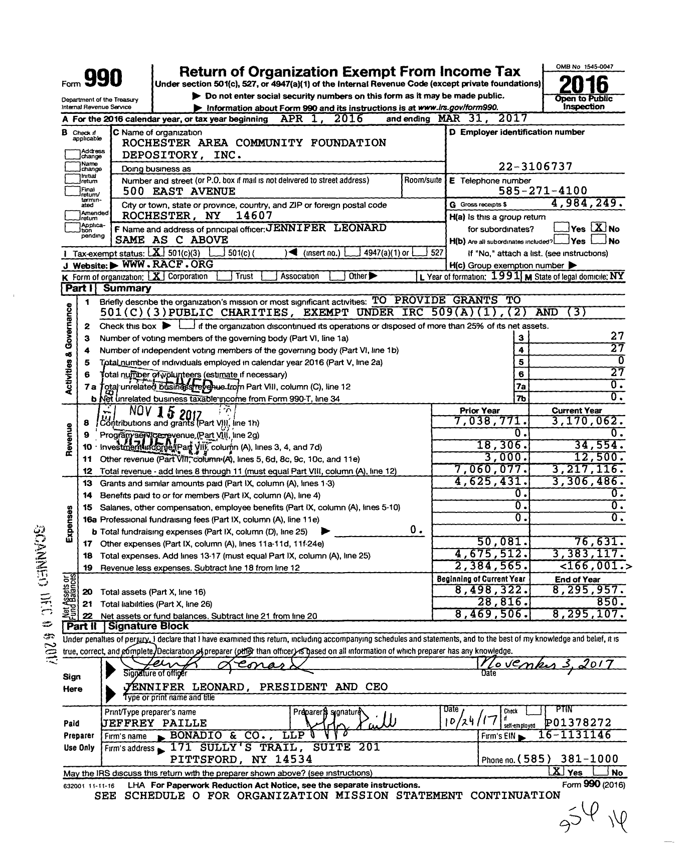 Image of first page of 2016 Form 990 for Rochester Area Community Foundation Depository