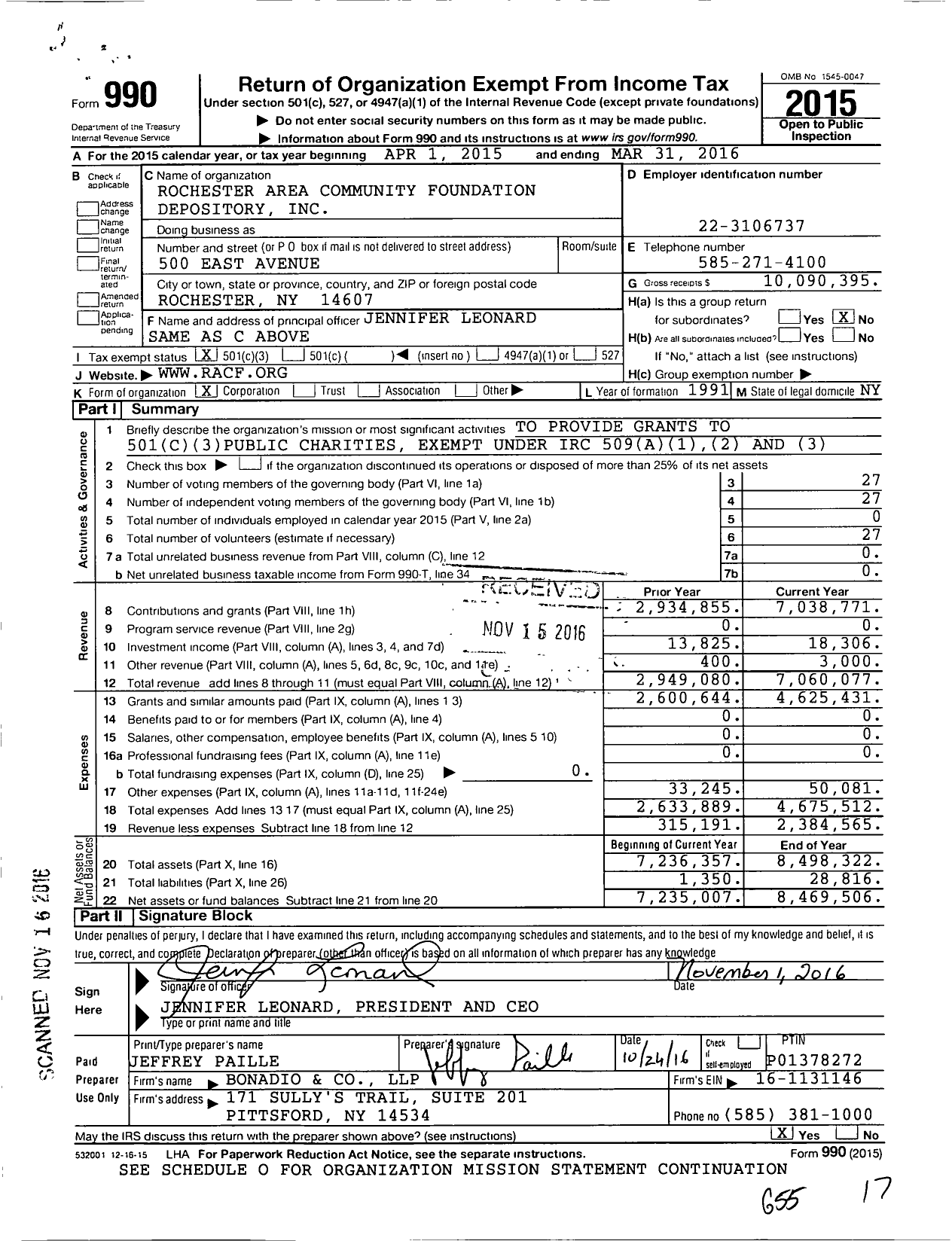 Image of first page of 2015 Form 990 for Rochester Area Community Foundation Depository