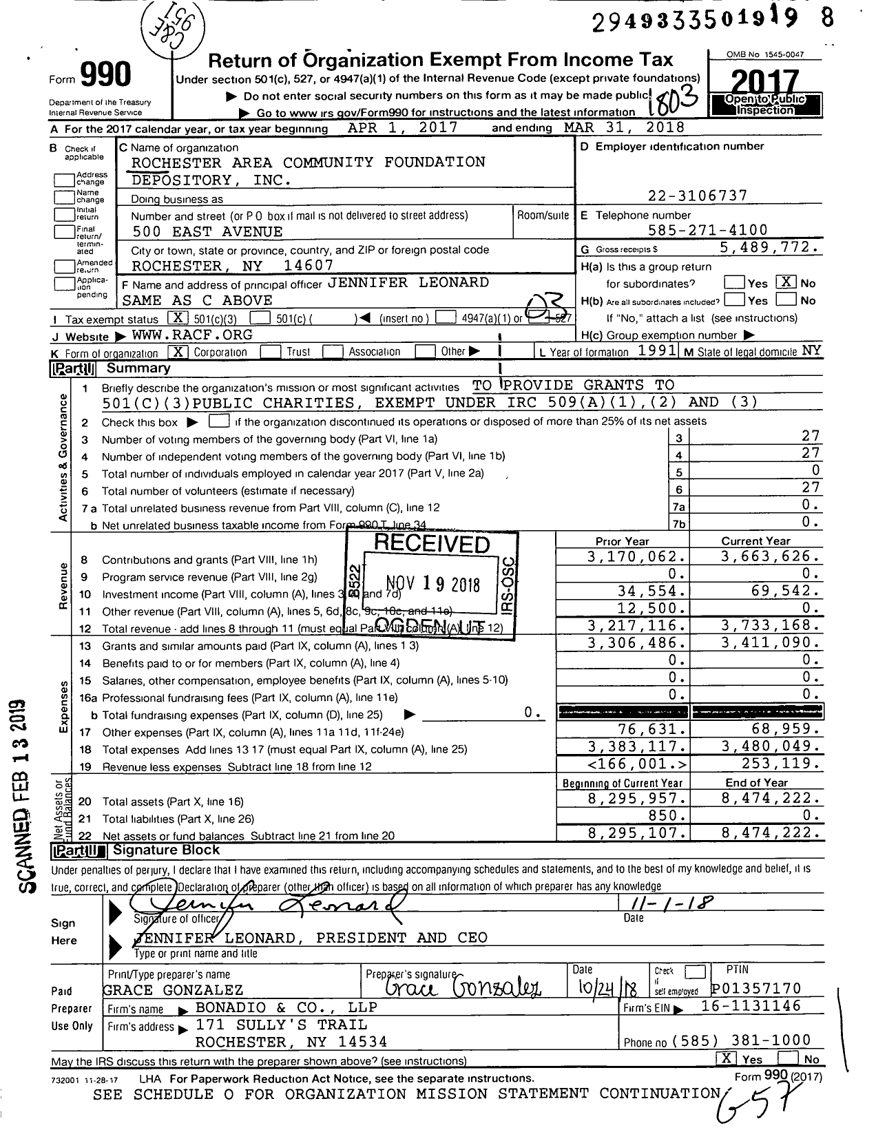 Image of first page of 2017 Form 990 for Rochester Area Community Foundation Depository