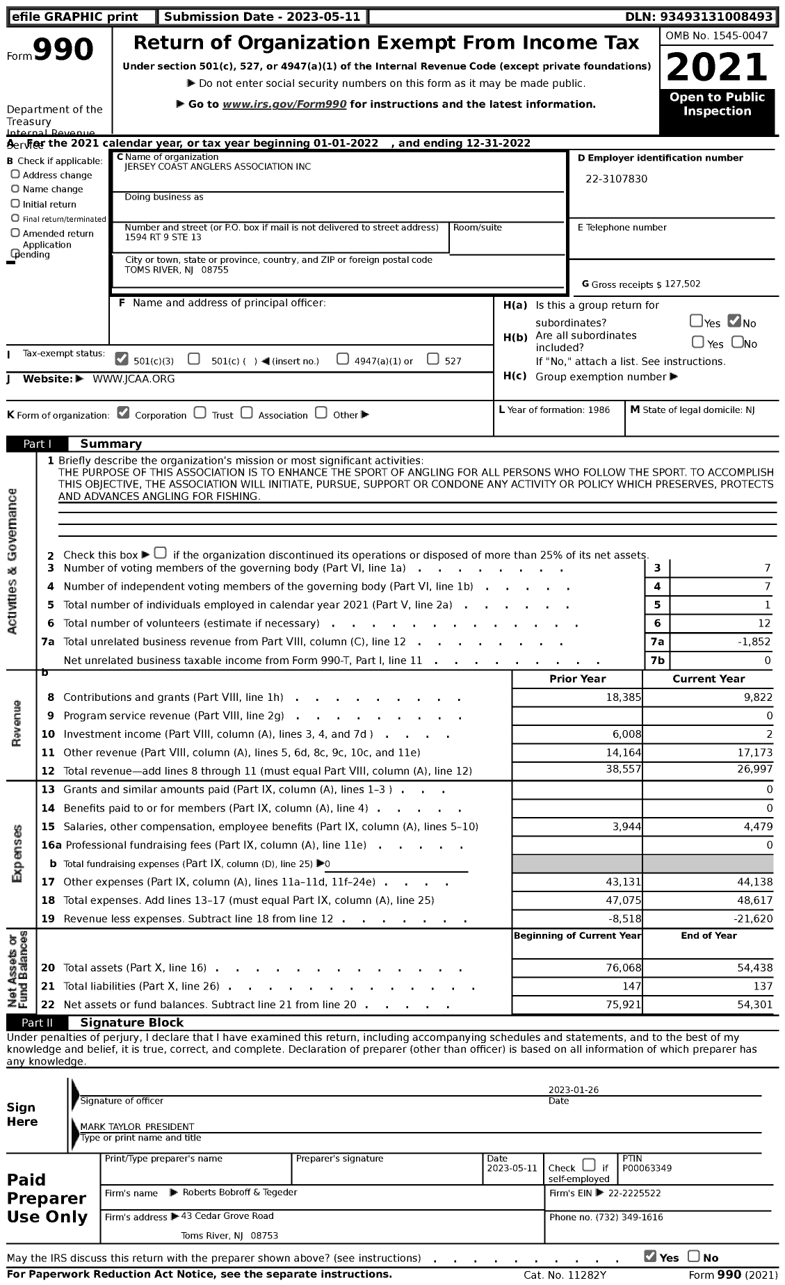 Image of first page of 2022 Form 990 for Jersey Coast Anglers Association