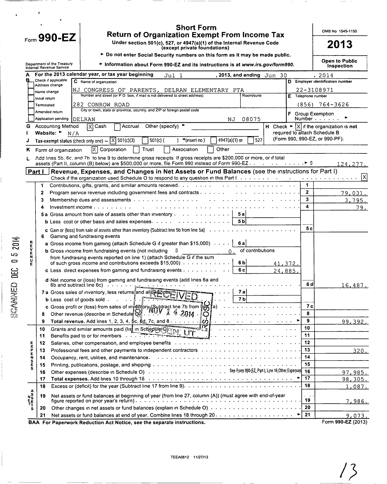 Image of first page of 2013 Form 990EZ for New Jersey PTA - 18976 Delran Elem PTA