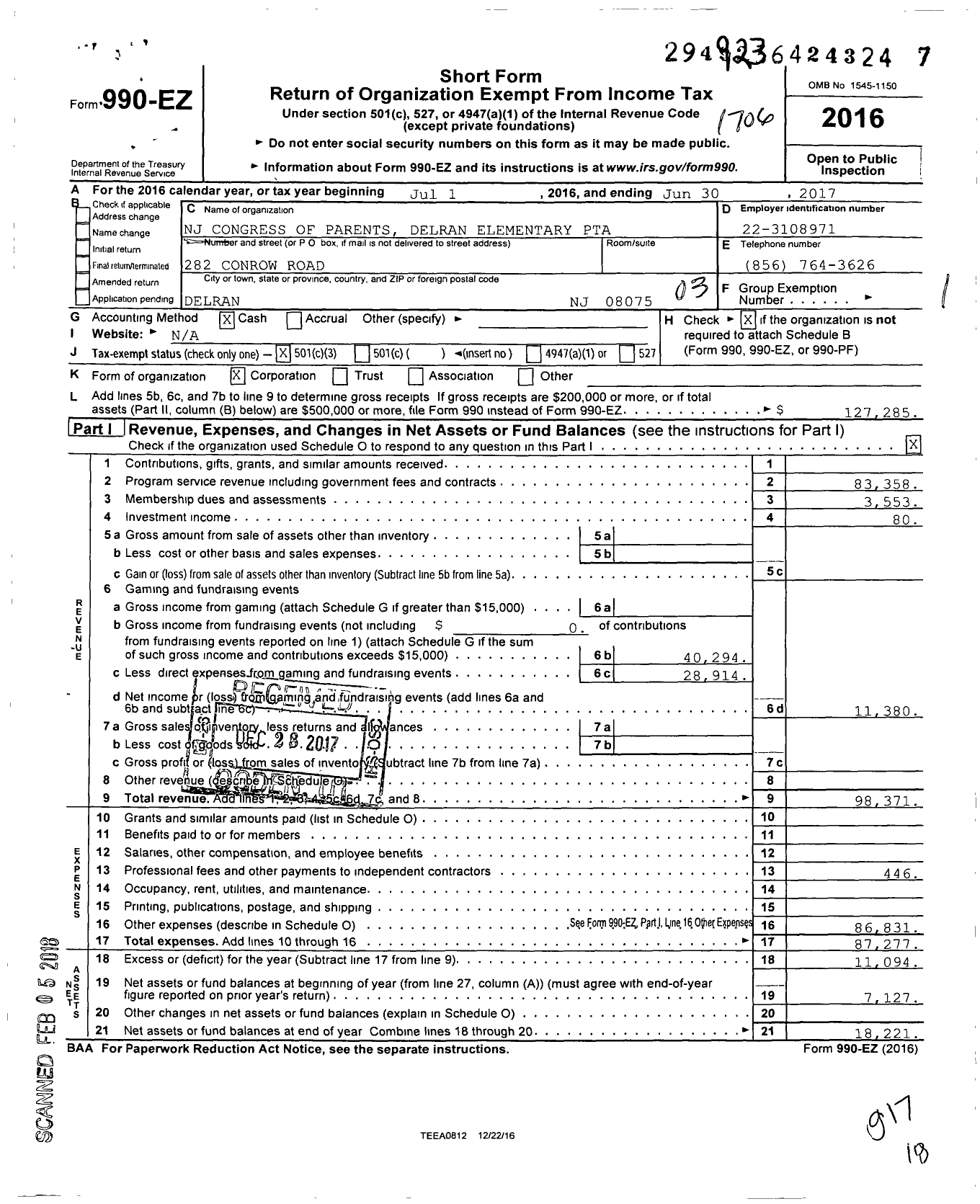 Image of first page of 2016 Form 990EZ for New Jersey PTA - 18976 Delran Elem PTA