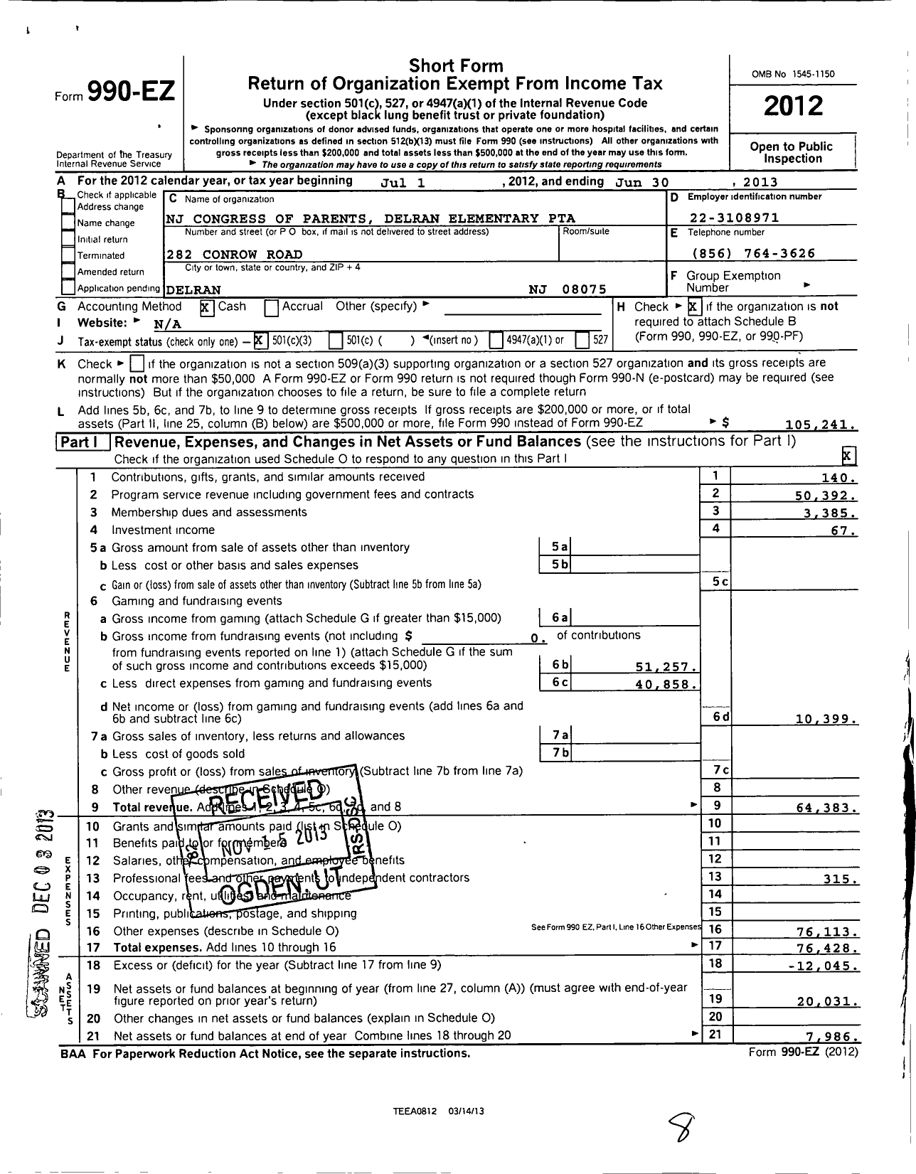 Image of first page of 2012 Form 990EZ for New Jersey PTA - 18976 Delran Elem PTA