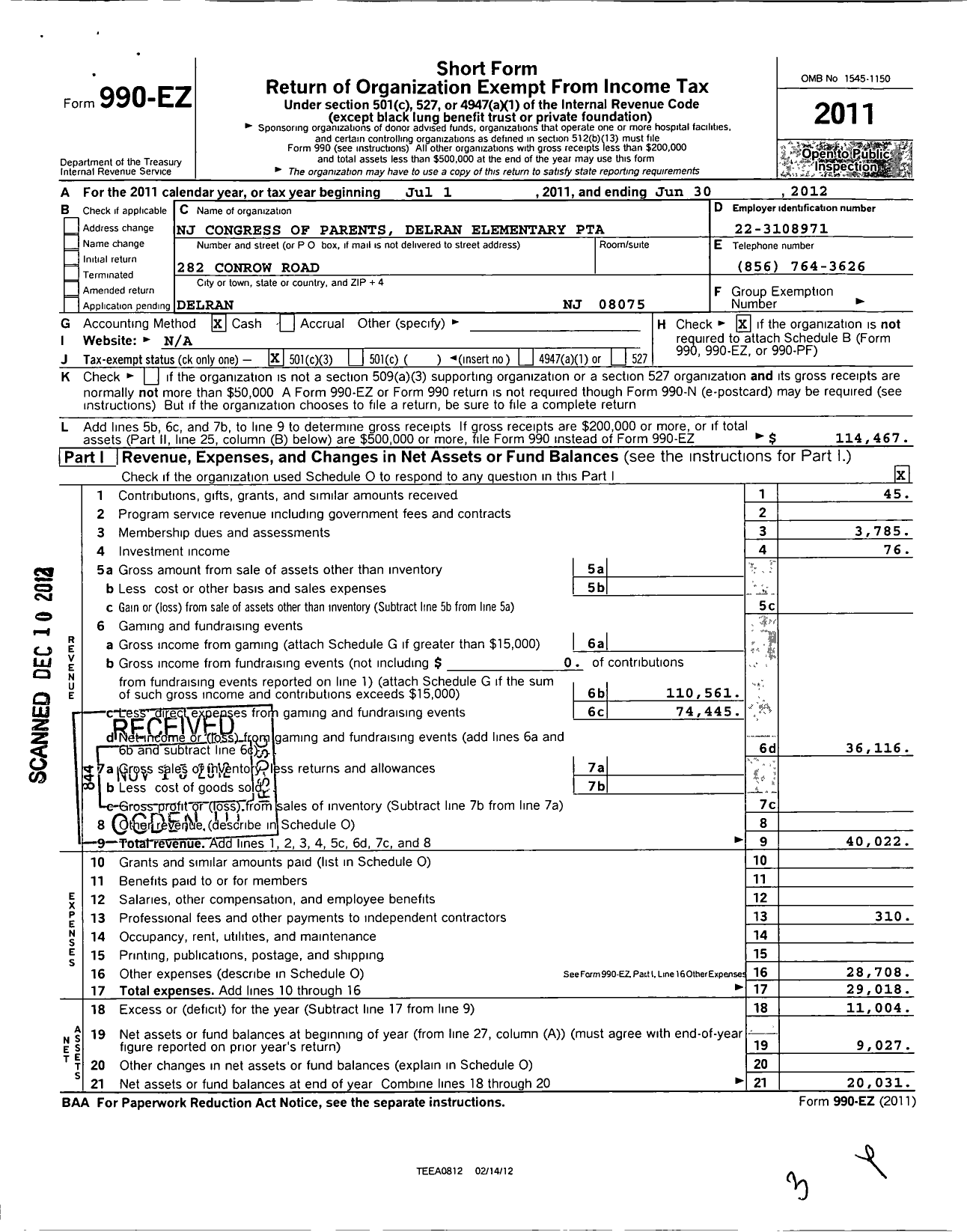 Image of first page of 2011 Form 990EZ for New Jersey PTA - 18976 Delran Elem PTA