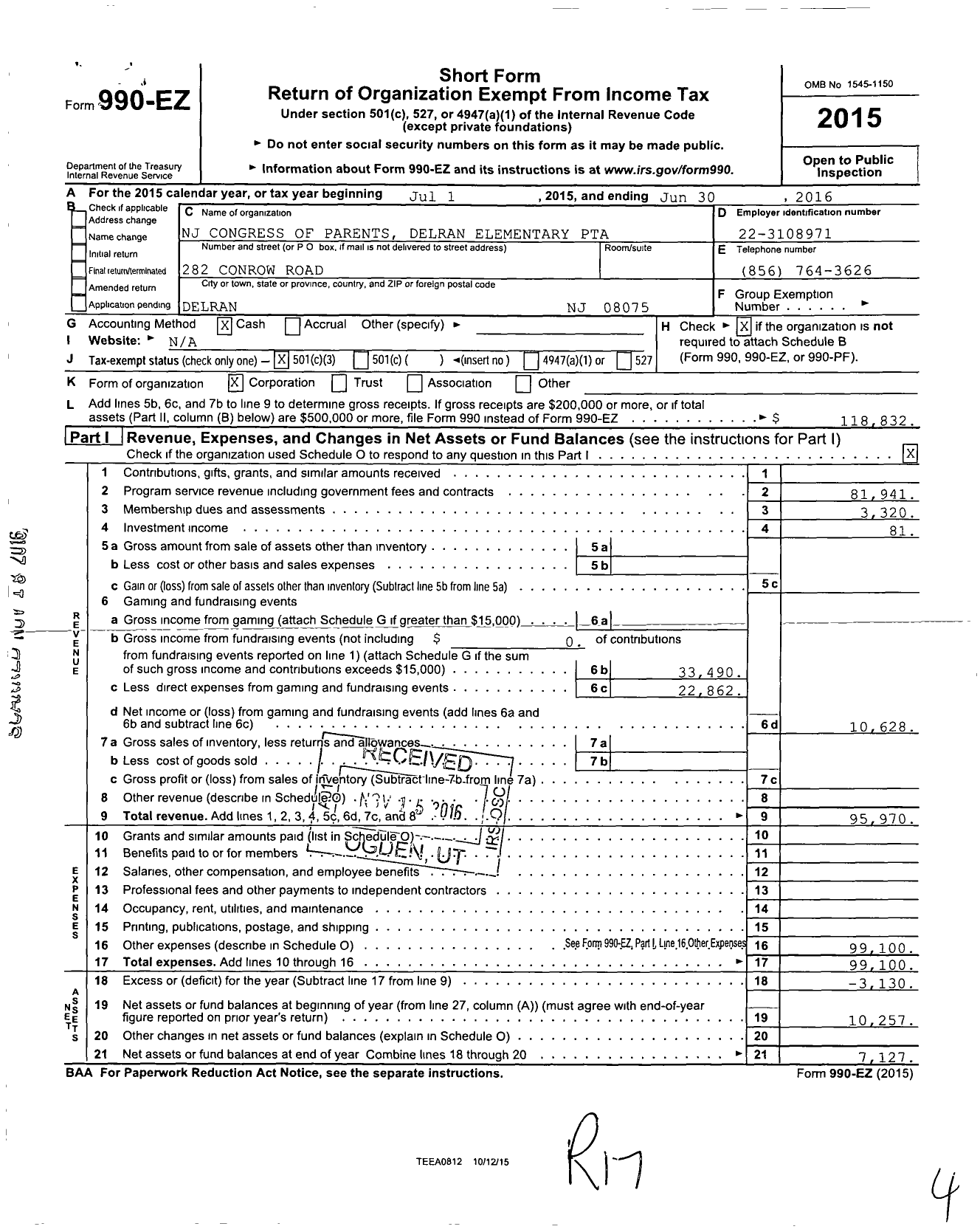 Image of first page of 2015 Form 990EZ for New Jersey PTA - 18976 Delran Elem PTA