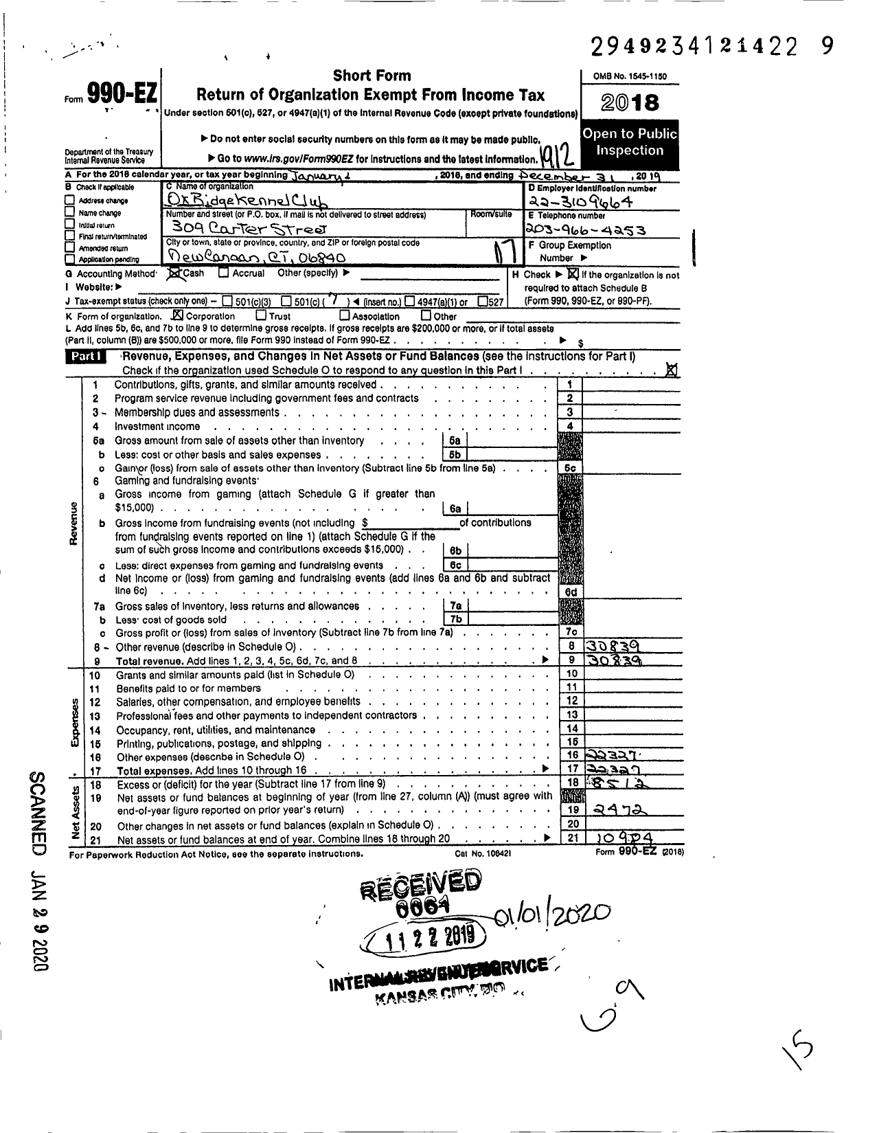 Image of first page of 2019 Form 990EO for Ox Ridge Kennel Club Incorporated