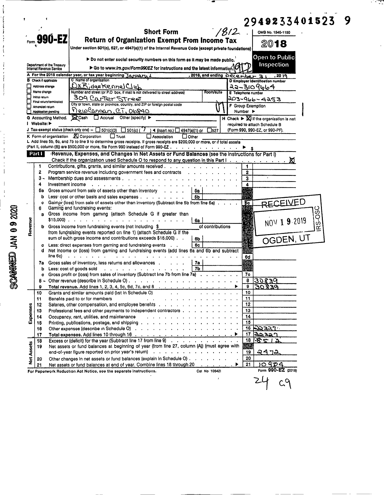 Image of first page of 2018 Form 990EO for Ox Ridge Kennel Club Incorporated