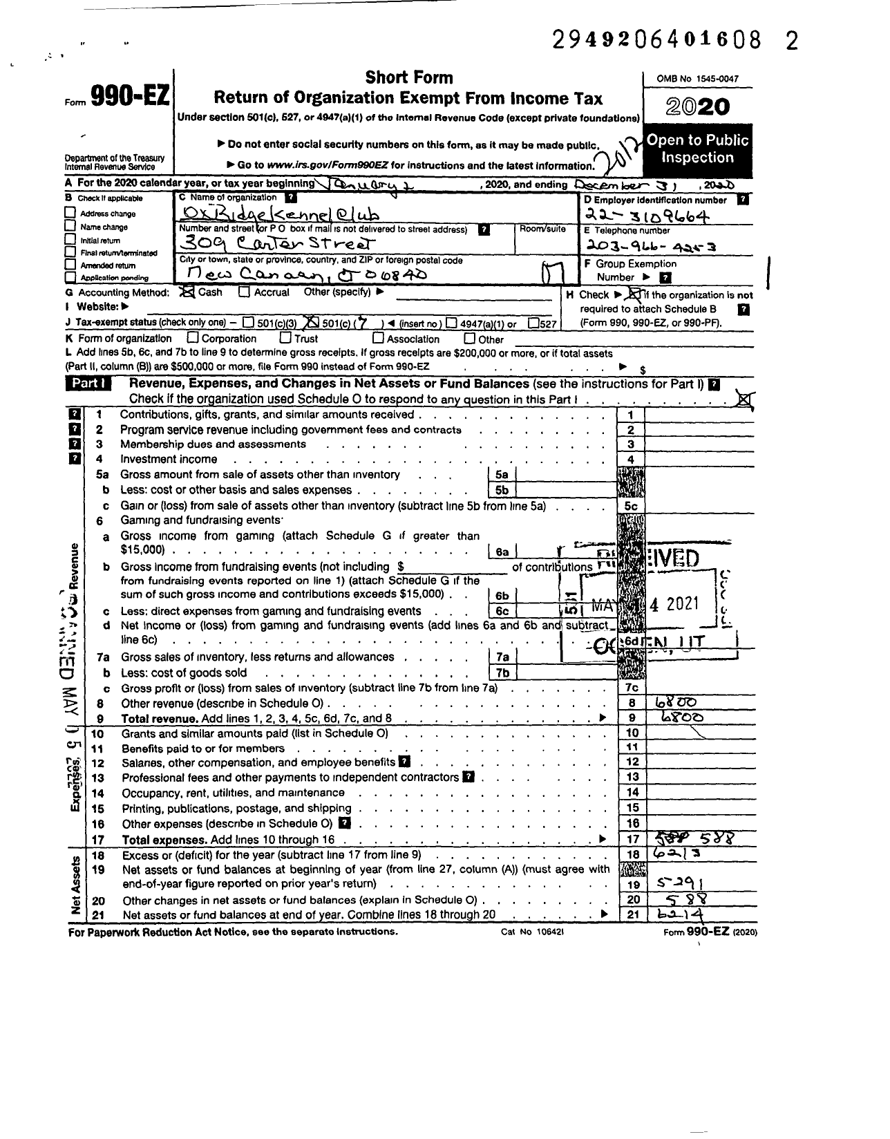 Image of first page of 2020 Form 990EO for Ox Ridge Kennel Club Incorporated