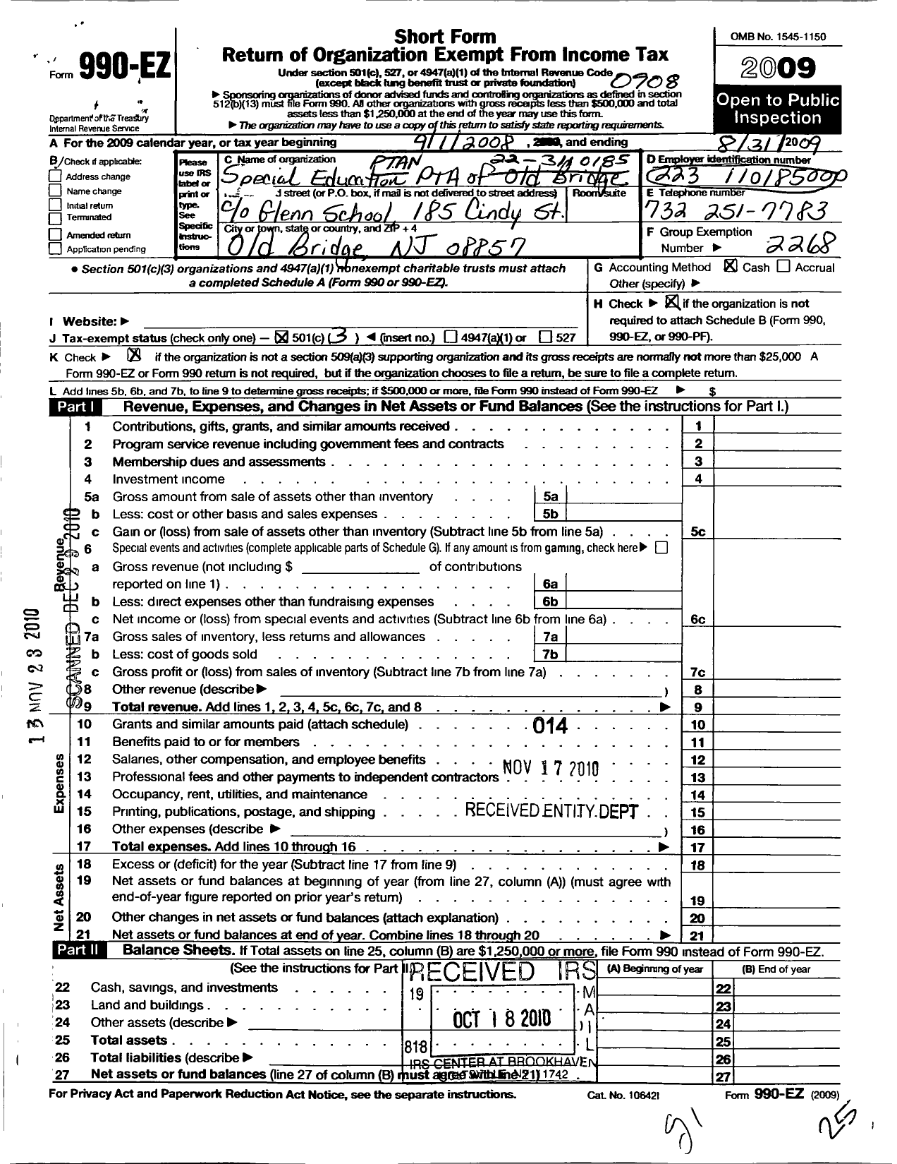 Image of first page of 2008 Form 990EZ for New Jersey PTA - 26036 Old Bridge Spec Ed PTA