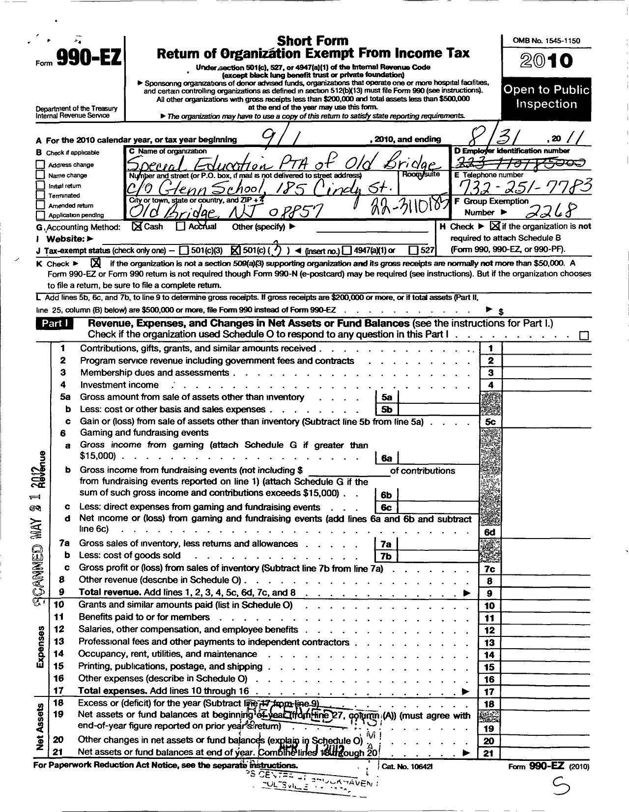 Image of first page of 2010 Form 990EZ for New Jersey PTA - 26036 Old Bridge Spec Ed PTA