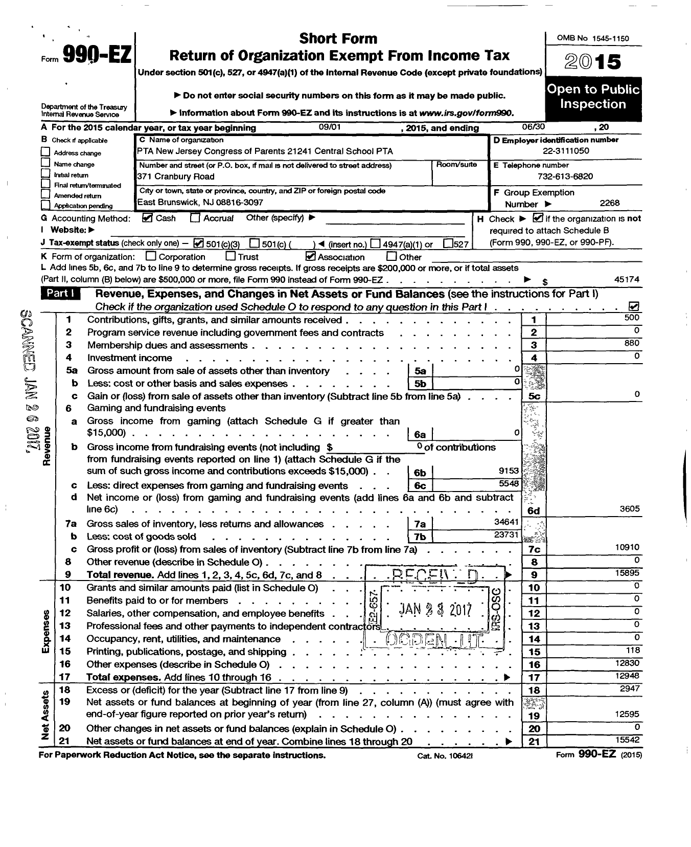 Image of first page of 2015 Form 990EZ for New Jersey PTA - 21241 Central School PTA