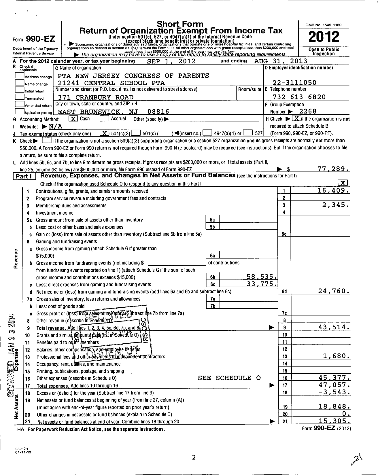 Image of first page of 2012 Form 990EZ for New Jersey PTA - 21241 Central School PTA