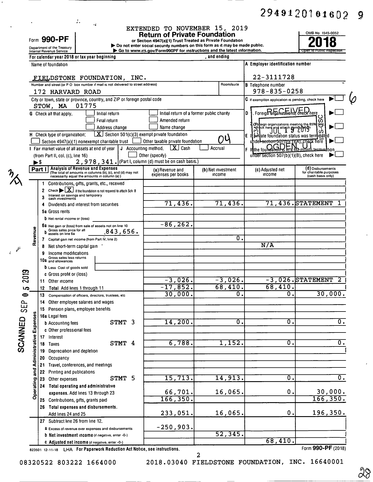 Image of first page of 2018 Form 990PF for Fieldstone Foundation