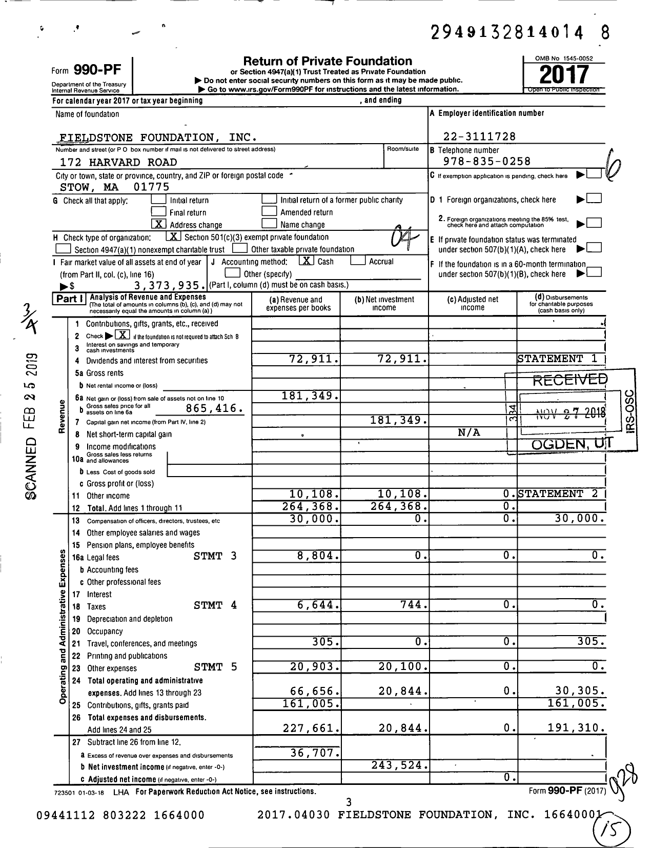 Image of first page of 2017 Form 990PF for Fieldstone Foundation