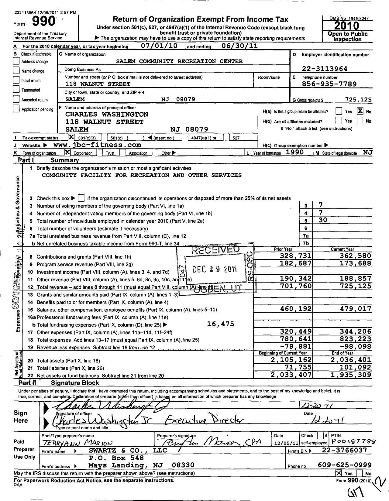 Image of first page of 2010 Form 990 for Salem Community Recreation Center