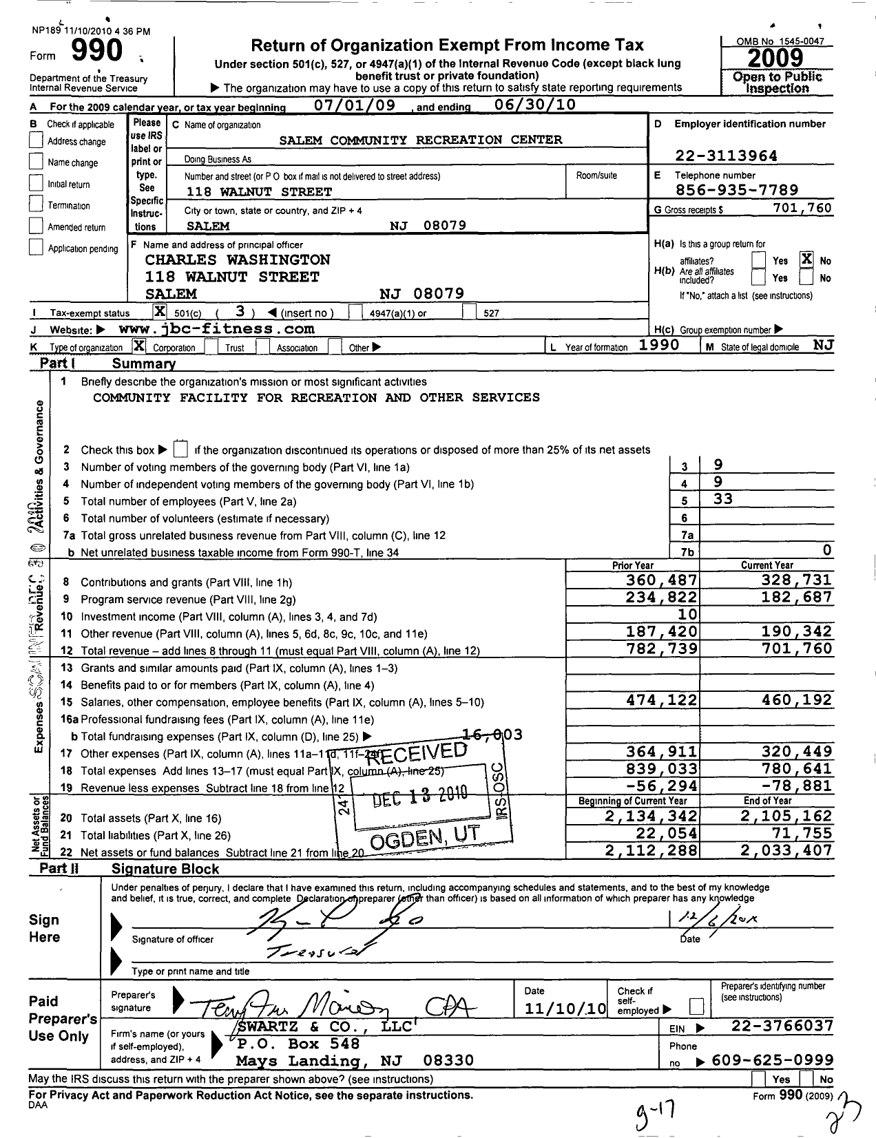 Image of first page of 2009 Form 990 for Salem Community Recreation Center