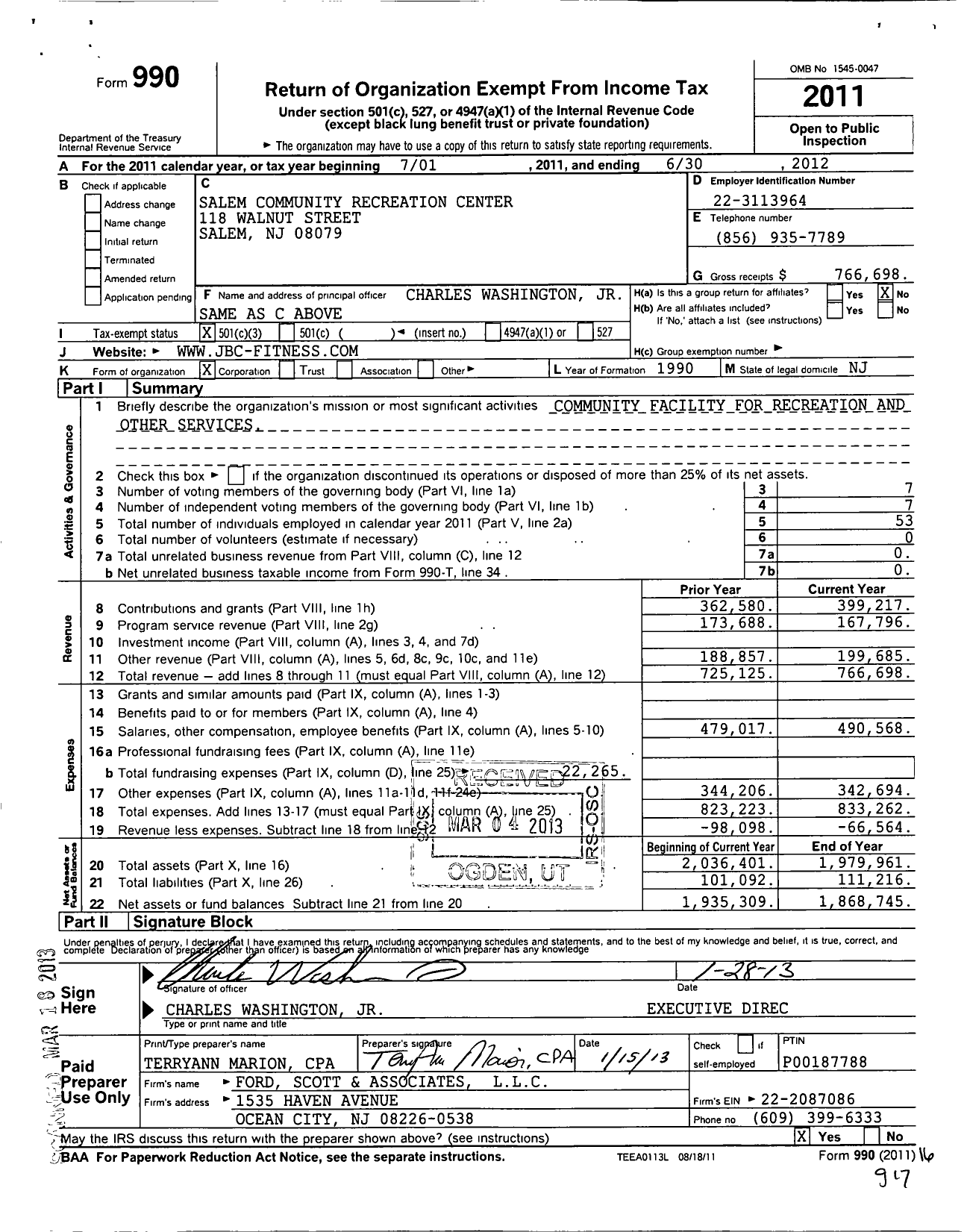 Image of first page of 2011 Form 990 for Salem Community Recreation Center