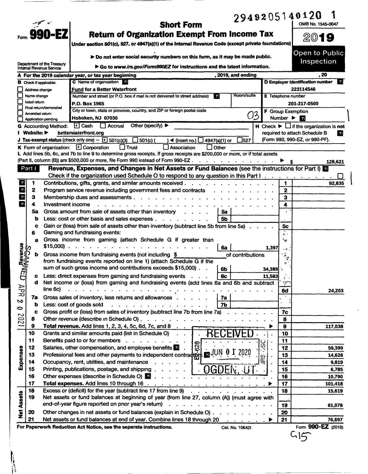 Image of first page of 2019 Form 990EZ for Fund for a Better Waterfront