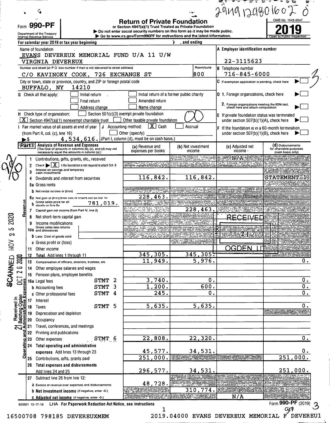 Image of first page of 2019 Form 990PF for Evans Devereux Memorial Fund 11 Uw Virginia Devereux