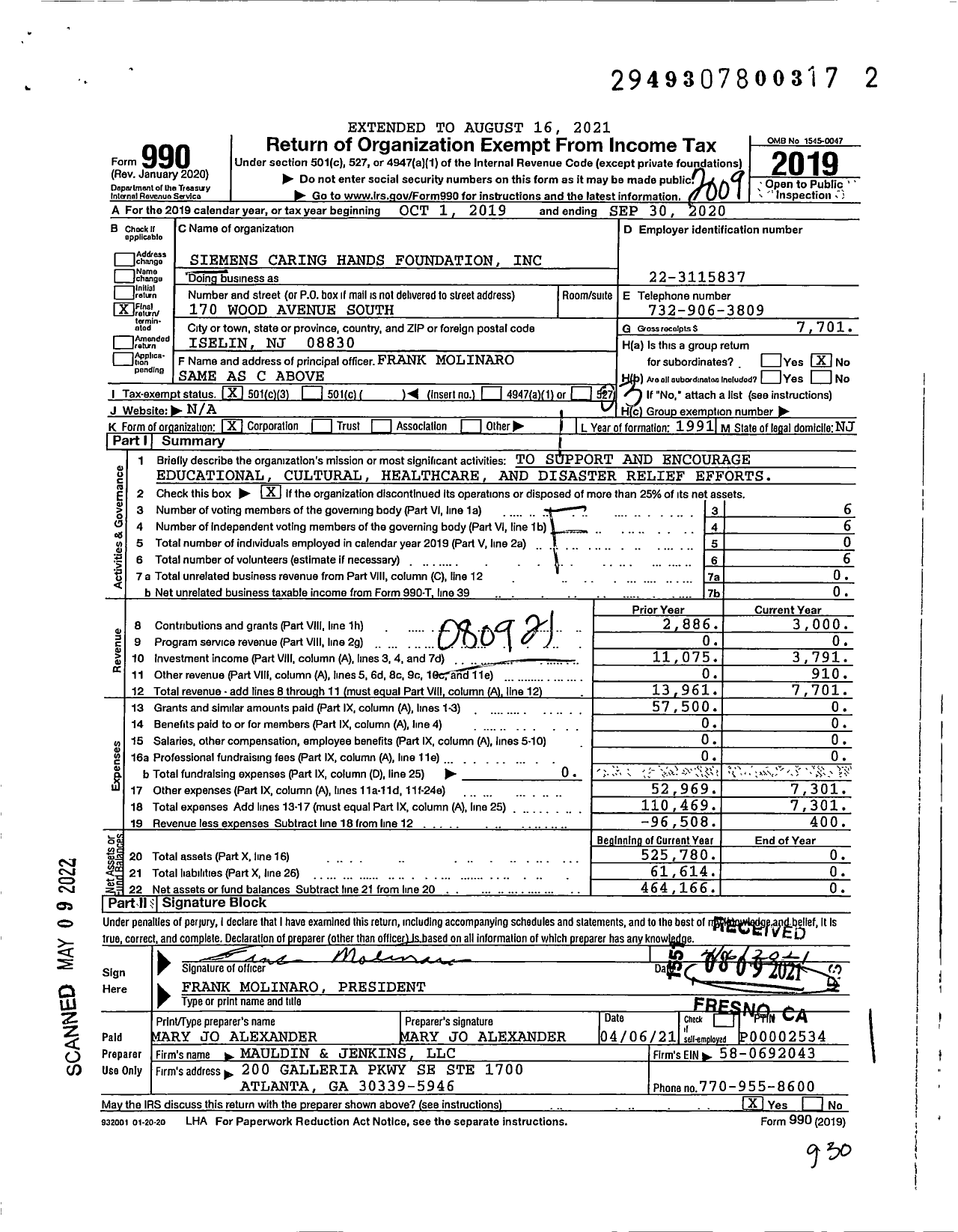 Image of first page of 2019 Form 990 for Siemens Caring Hands Foundation