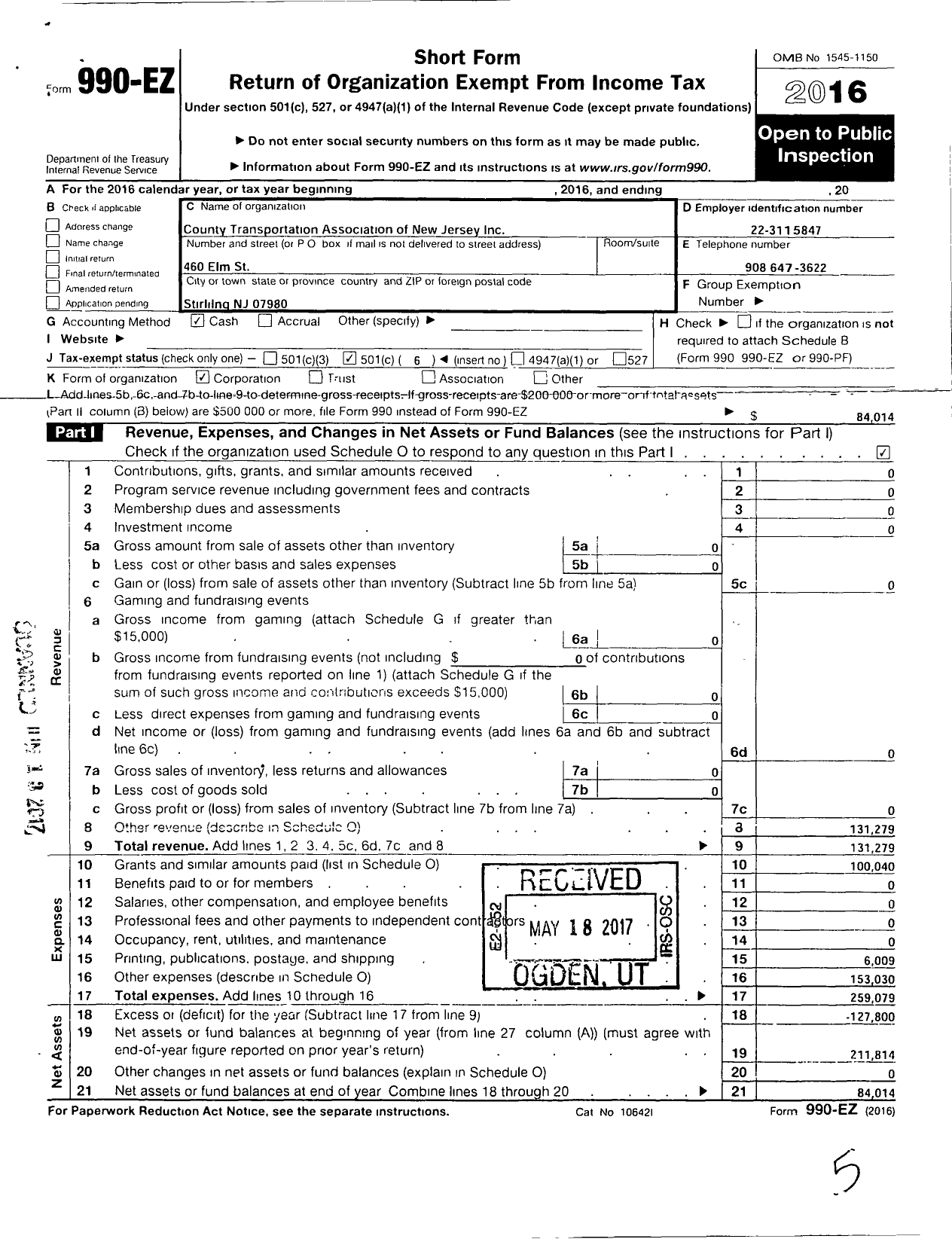 Image of first page of 2016 Form 990EO for County Transportation Association of New Jersey