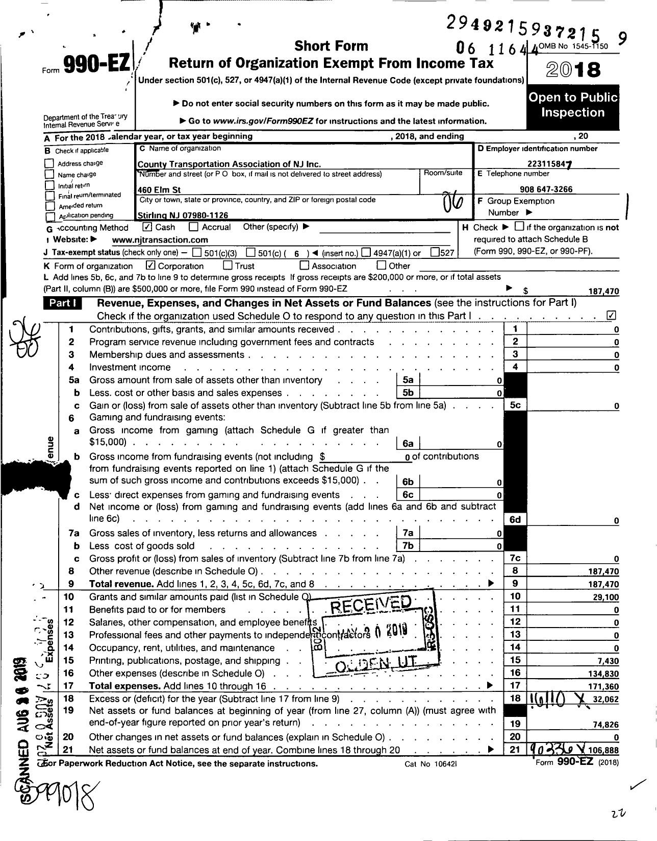 Image of first page of 2018 Form 990EO for County Transportation Association of New Jersey