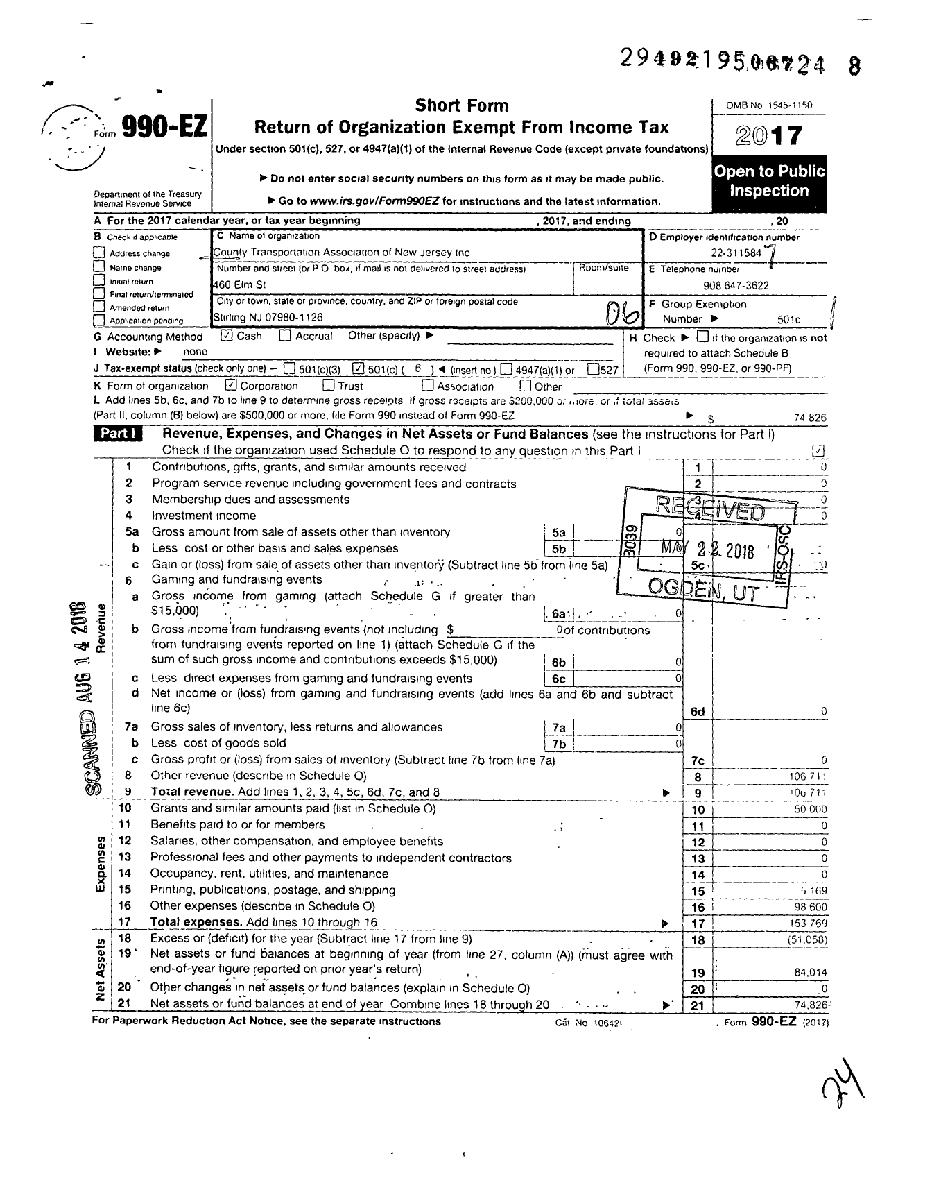 Image of first page of 2017 Form 990EO for County Transportation Association of New Jersey