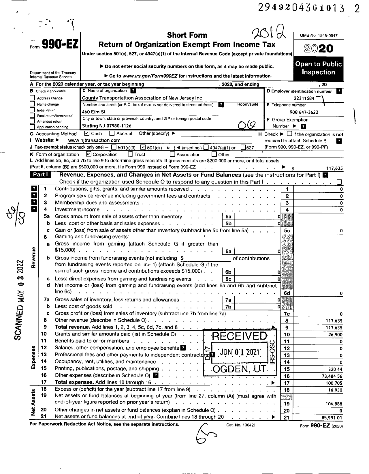 Image of first page of 2020 Form 990EO for County Transportation Association of New Jersey