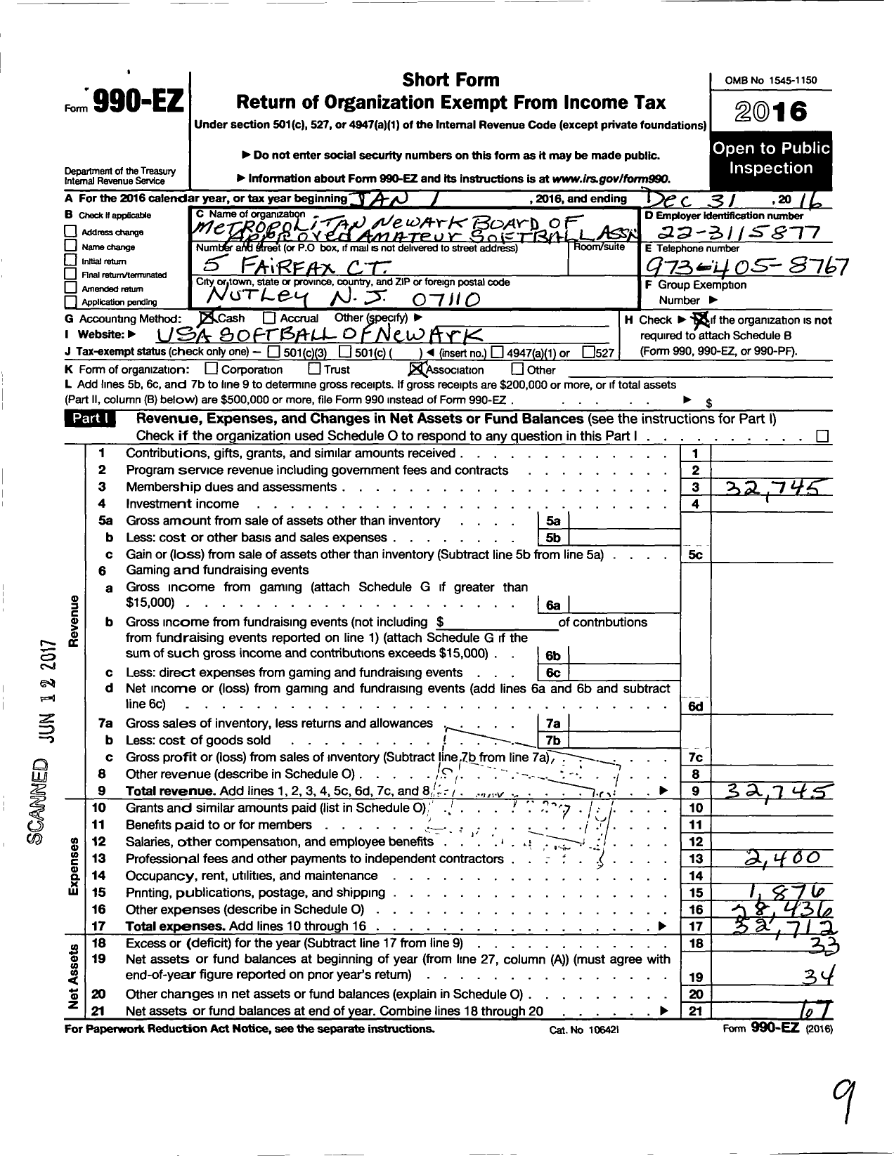 Image of first page of 2016 Form 990EO for Metropolitan Bo of Approved Amateur Softball