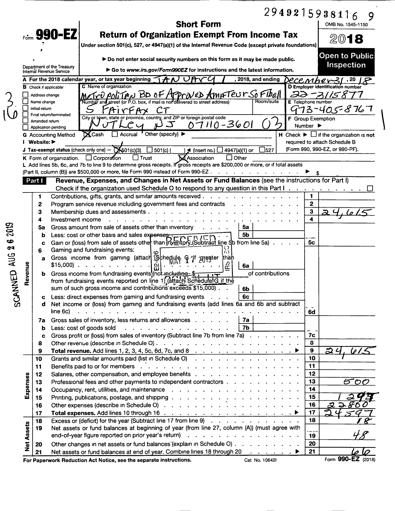 Image of first page of 2018 Form 990EZ for Metropolitan Bo of Approved Amateur Softball