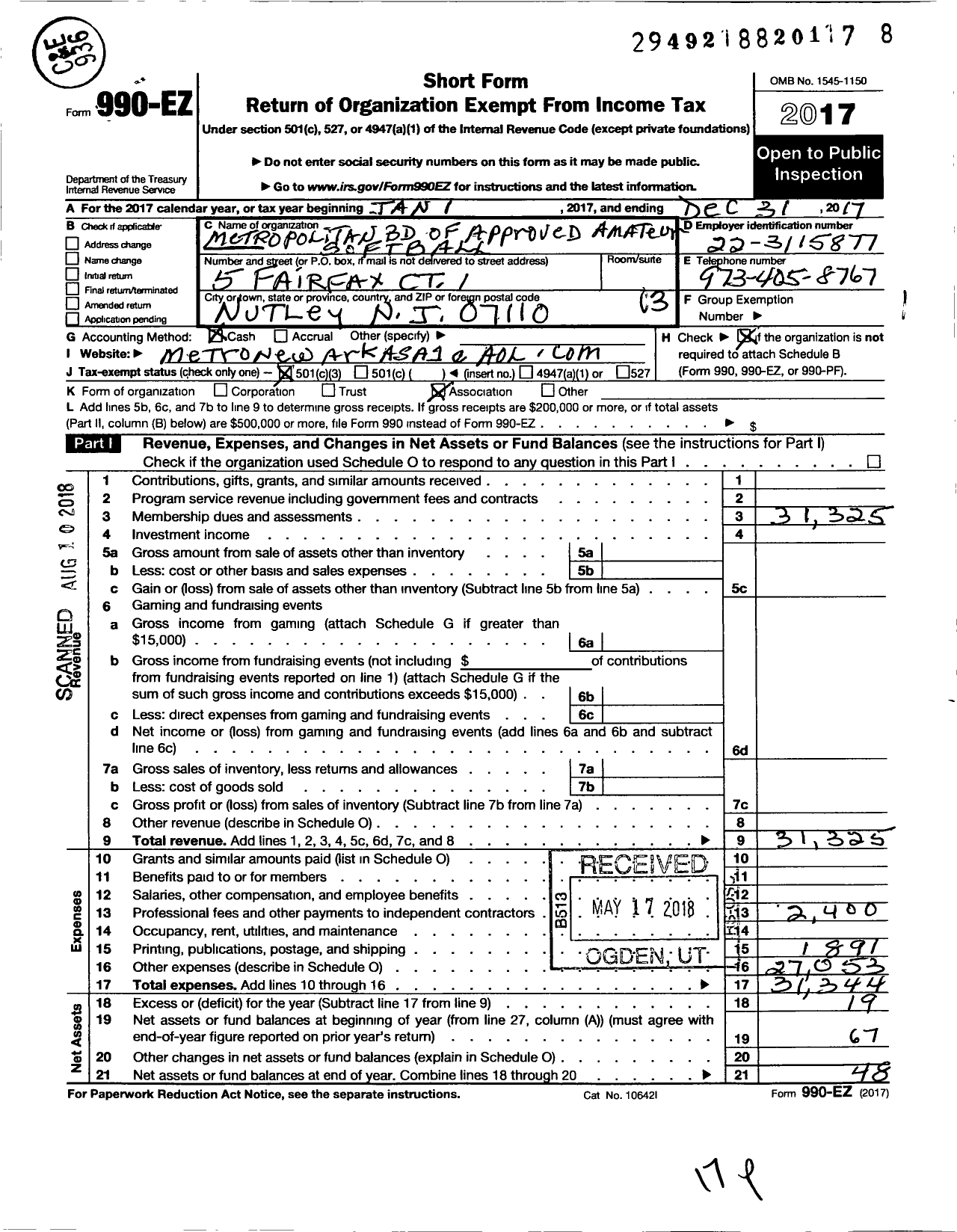 Image of first page of 2017 Form 990EZ for Metropolitan Bo of Approved Amateur Softball