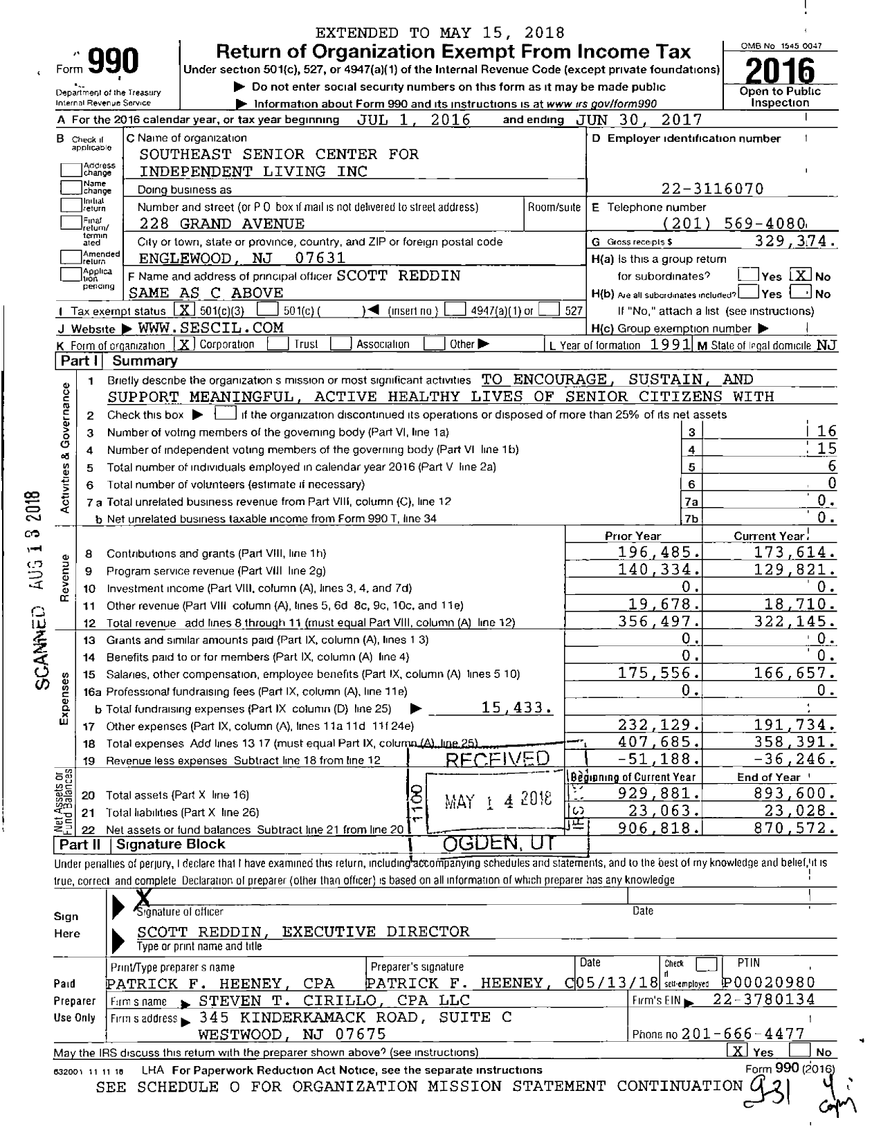 Image of first page of 2016 Form 990 for Southeast Senior Center for Independent Living