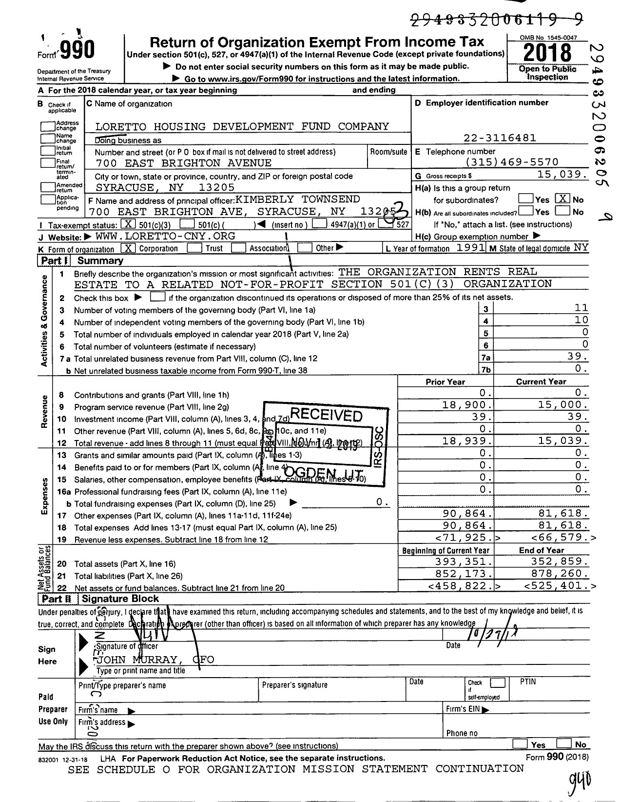 Image of first page of 2018 Form 990 for Loretto Housing Development Fund Company