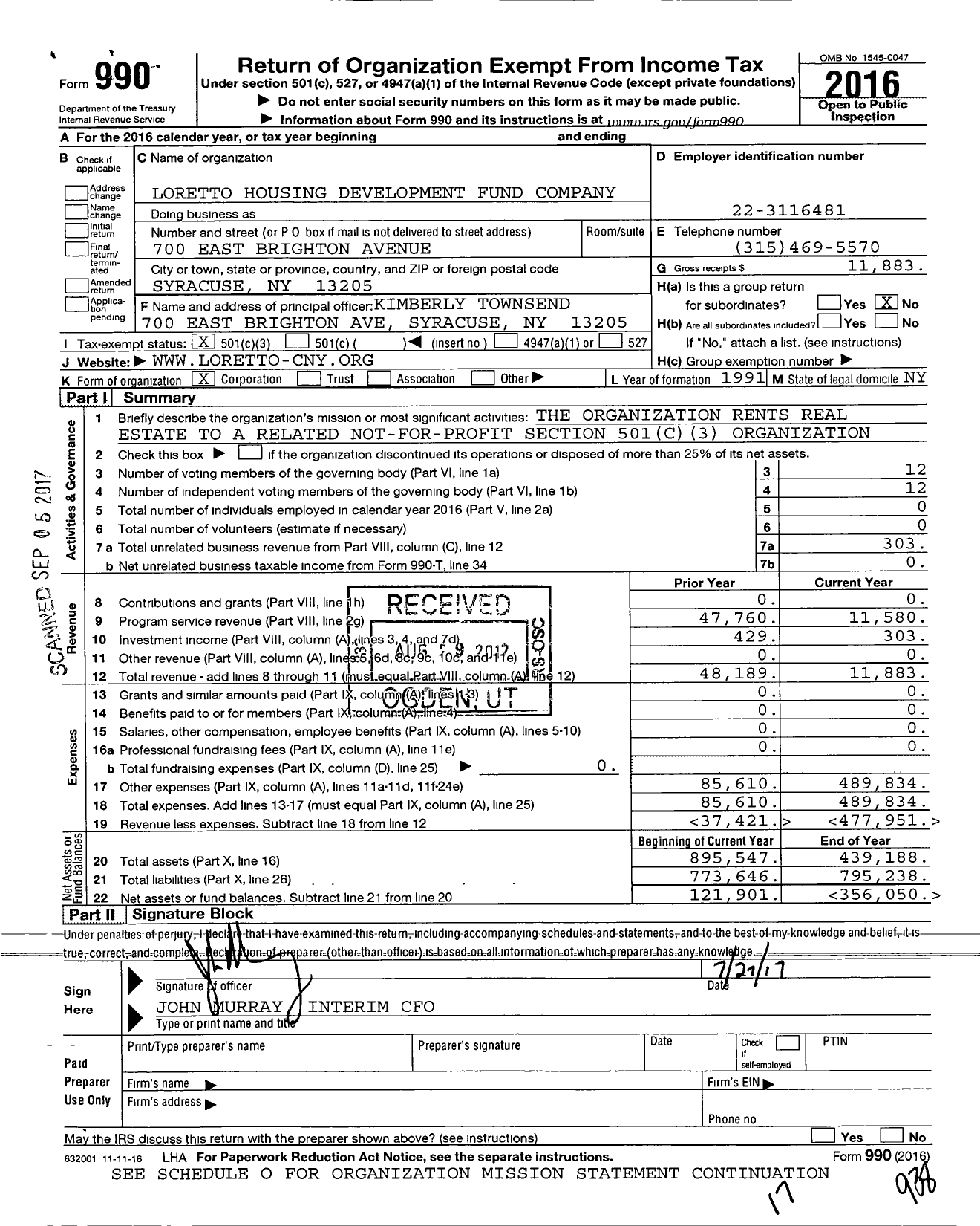 Image of first page of 2016 Form 990 for Loretto Housing Development Fund Company