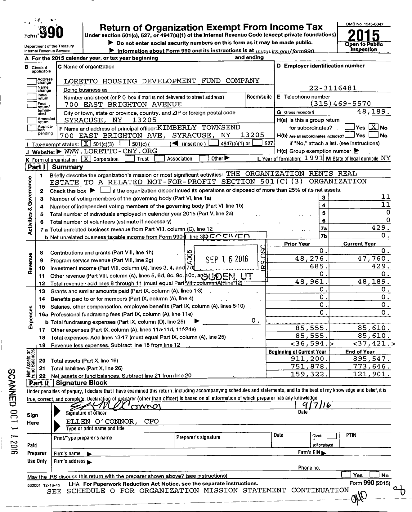 Image of first page of 2015 Form 990 for Loretto Housing Development Fund Company