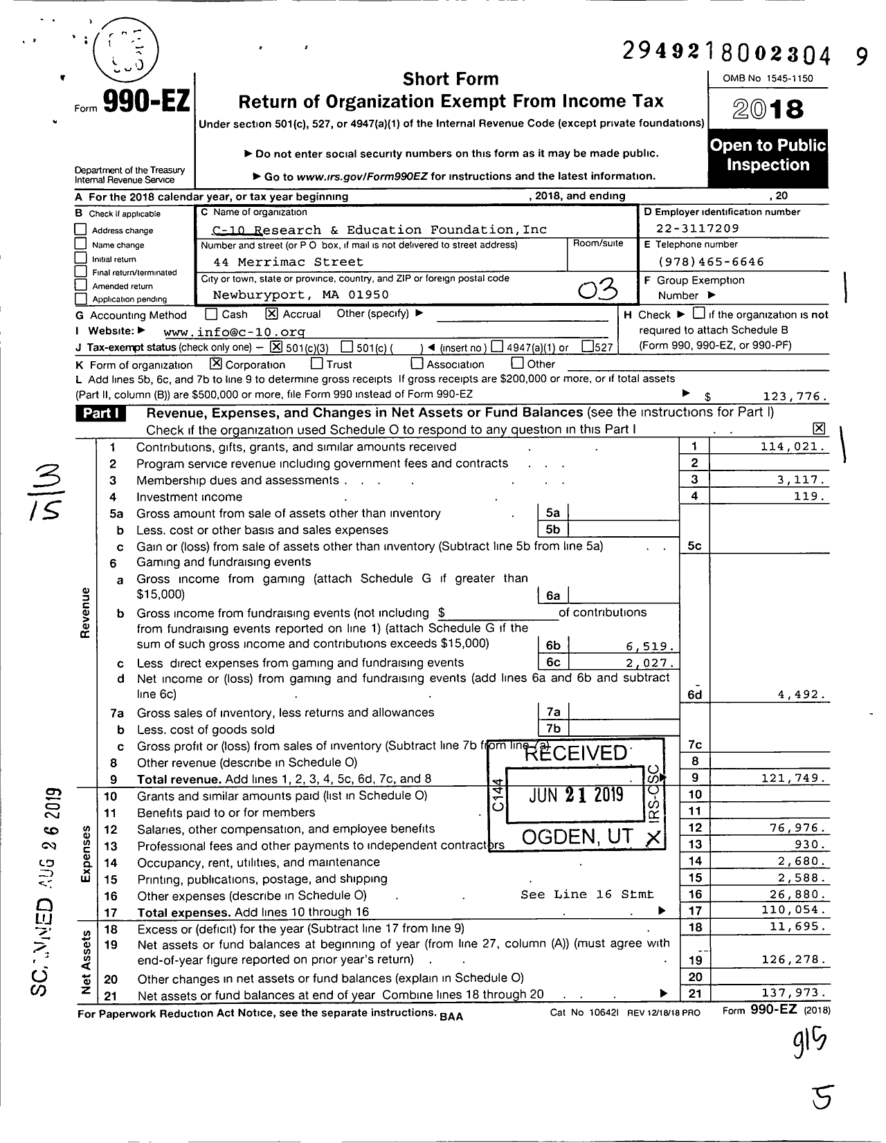 Image of first page of 2018 Form 990EZ for C 10 Research and Education Foundation