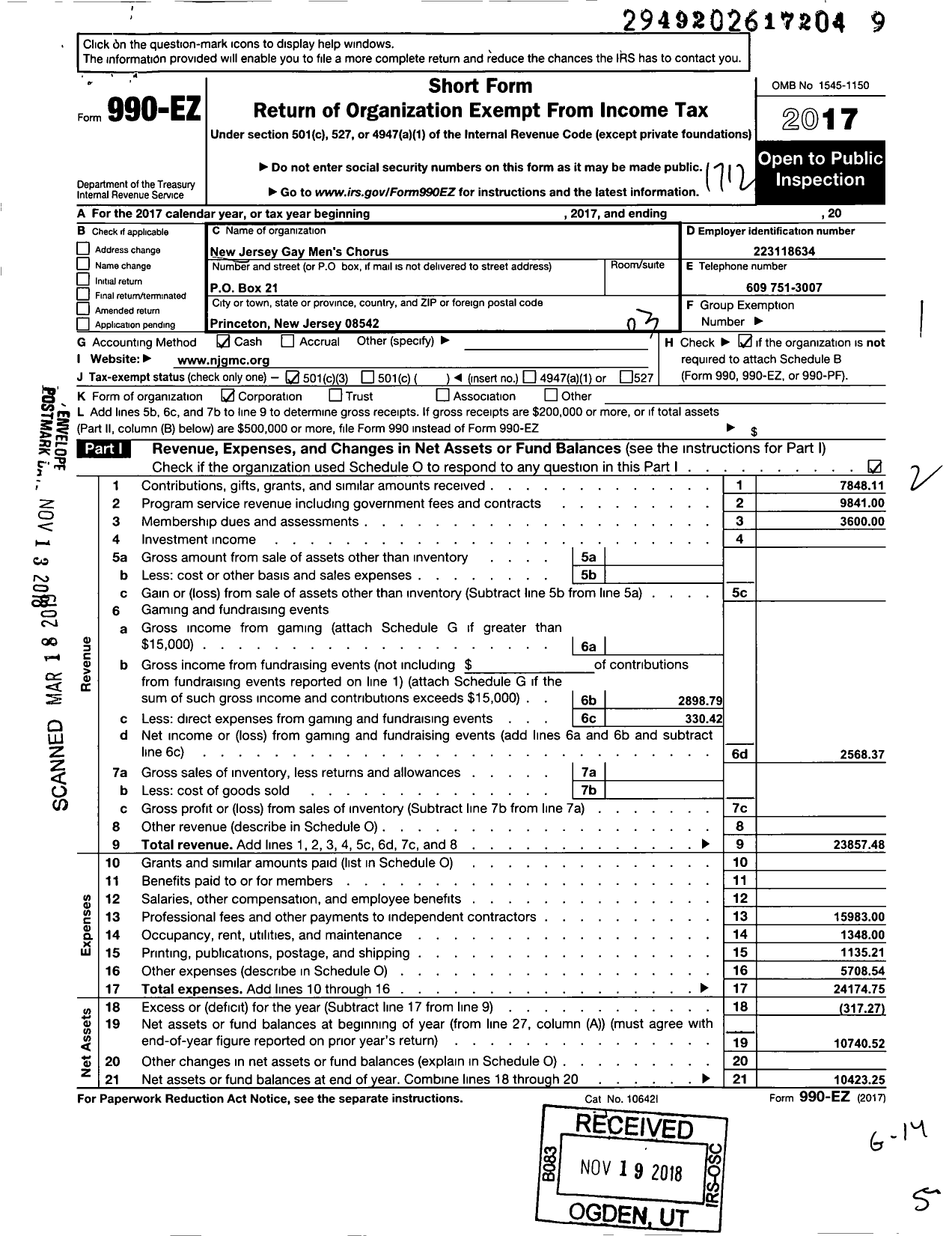 Image of first page of 2017 Form 990EZ for New Jersey Gay Mens Chorus