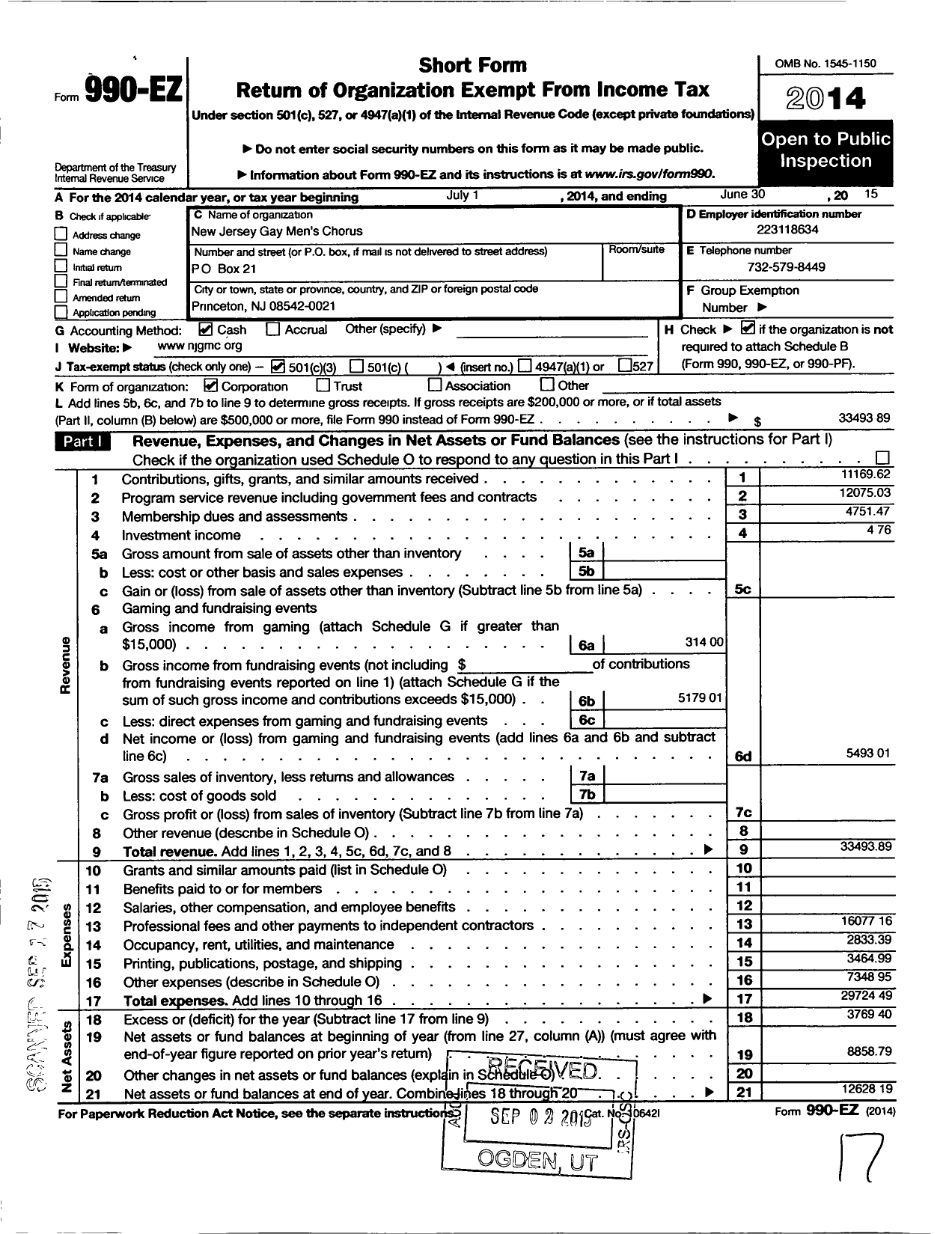 Image of first page of 2014 Form 990EZ for New Jersey Gay Mens Chorus