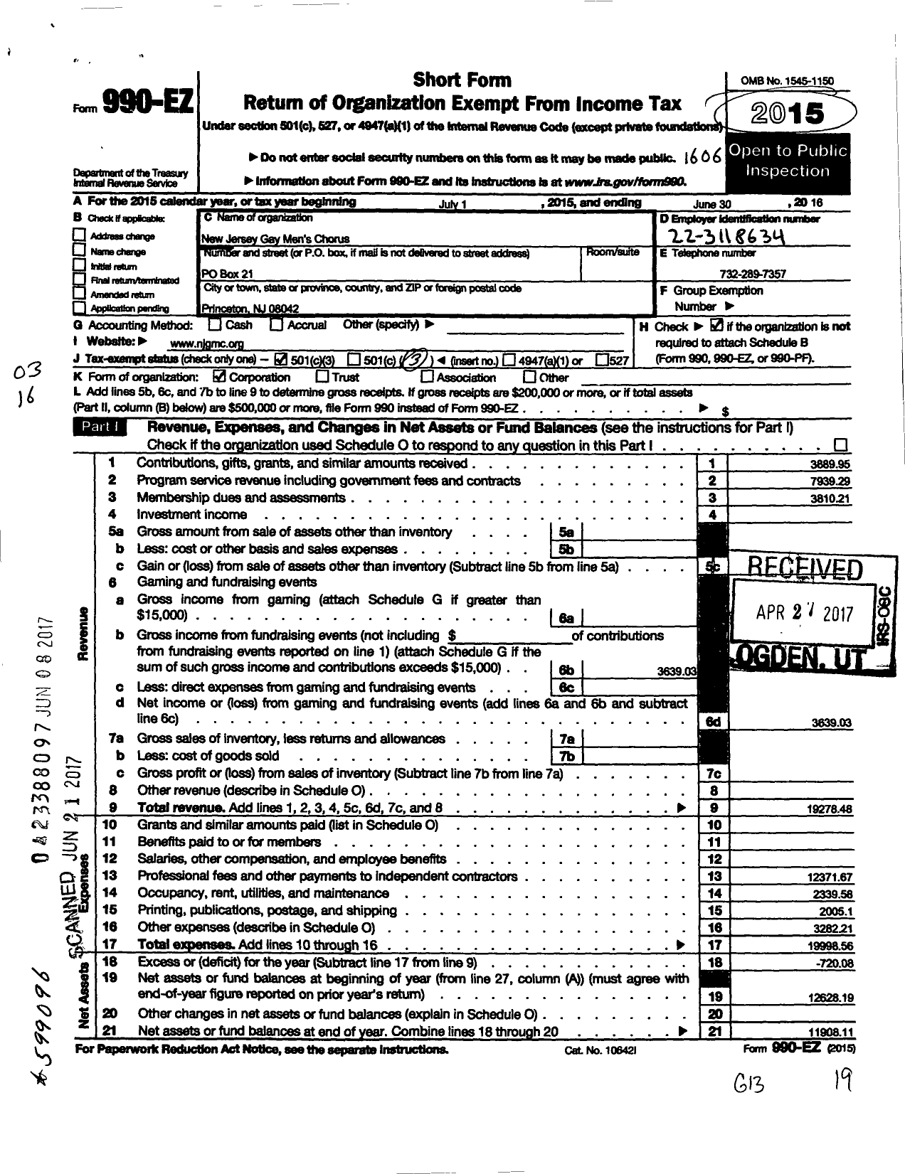 Image of first page of 2015 Form 990EZ for New Jersey Gay Mens Chorus