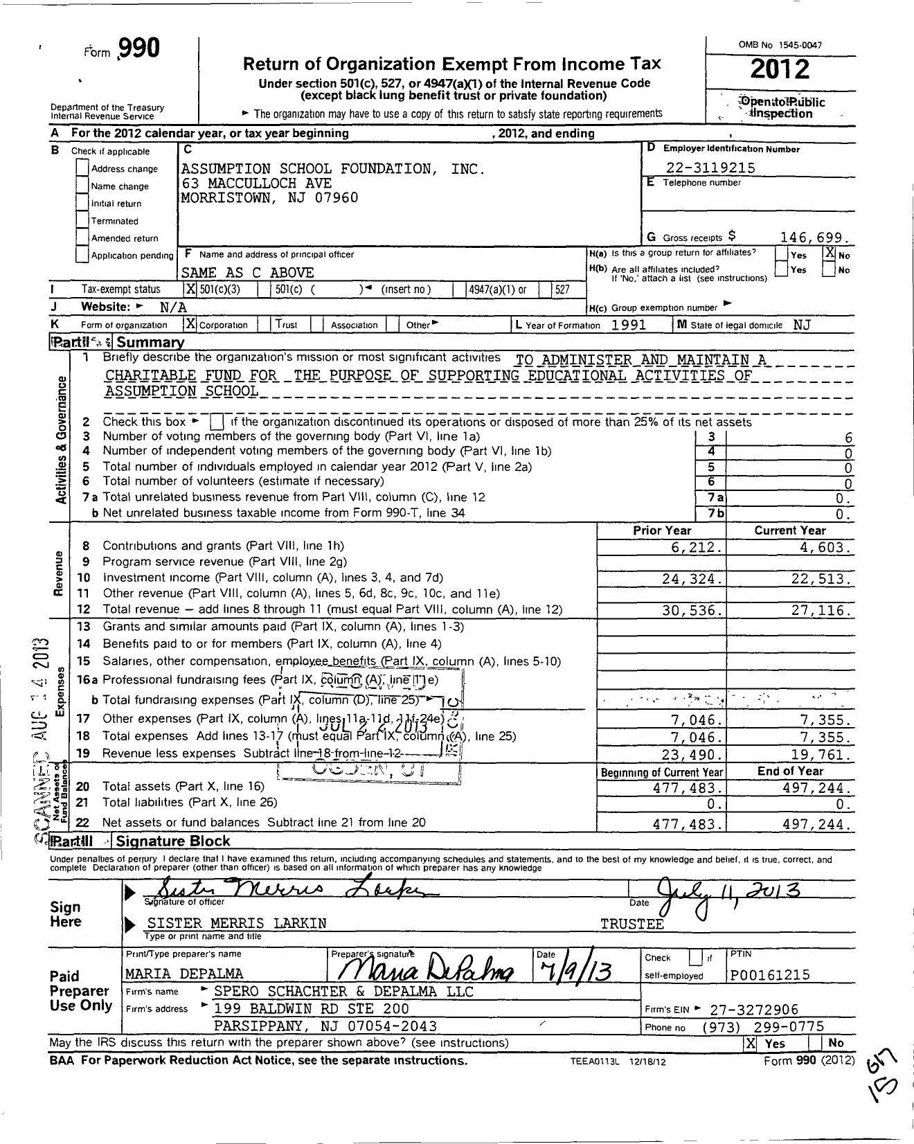 Image of first page of 2012 Form 990 for Assumption School Foundation