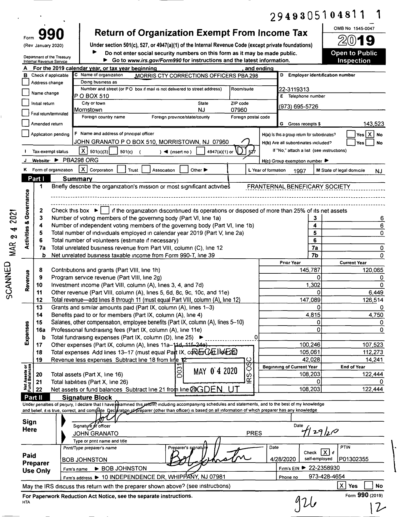 Image of first page of 2019 Form 990 for NJ State Patrolmen's Benevolent Association - 298 Morris Cnty Cor Ofcrs Pba Local