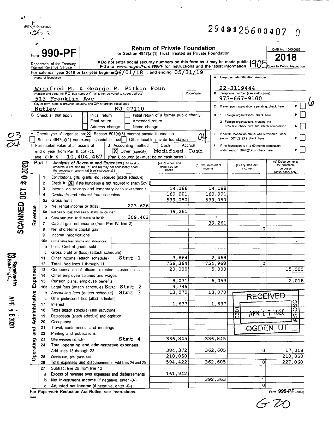 Image of first page of 2018 Form 990PR for Winifred M Pitkin Foundation Winne Banta Basralian and Kahn PC