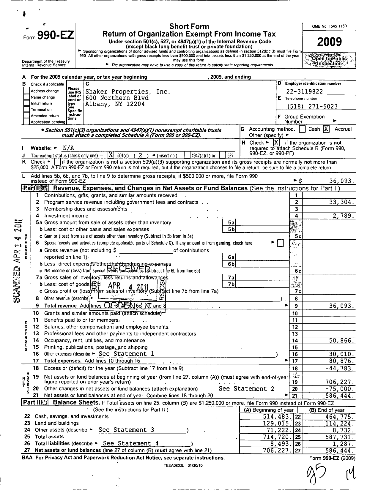 Image of first page of 2009 Form 990EO for Shaker Properties