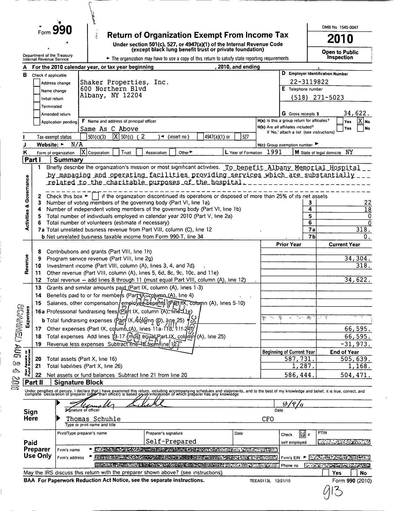 Image of first page of 2010 Form 990O for Shaker Properties