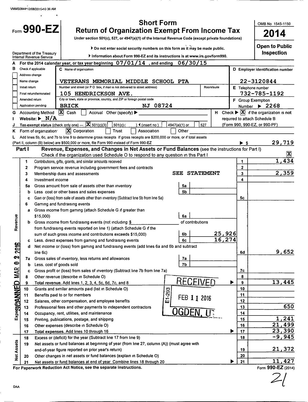 Image of first page of 2014 Form 990EZ for New Jersey PTA - 21217 Veterans Memorial Middle SCH