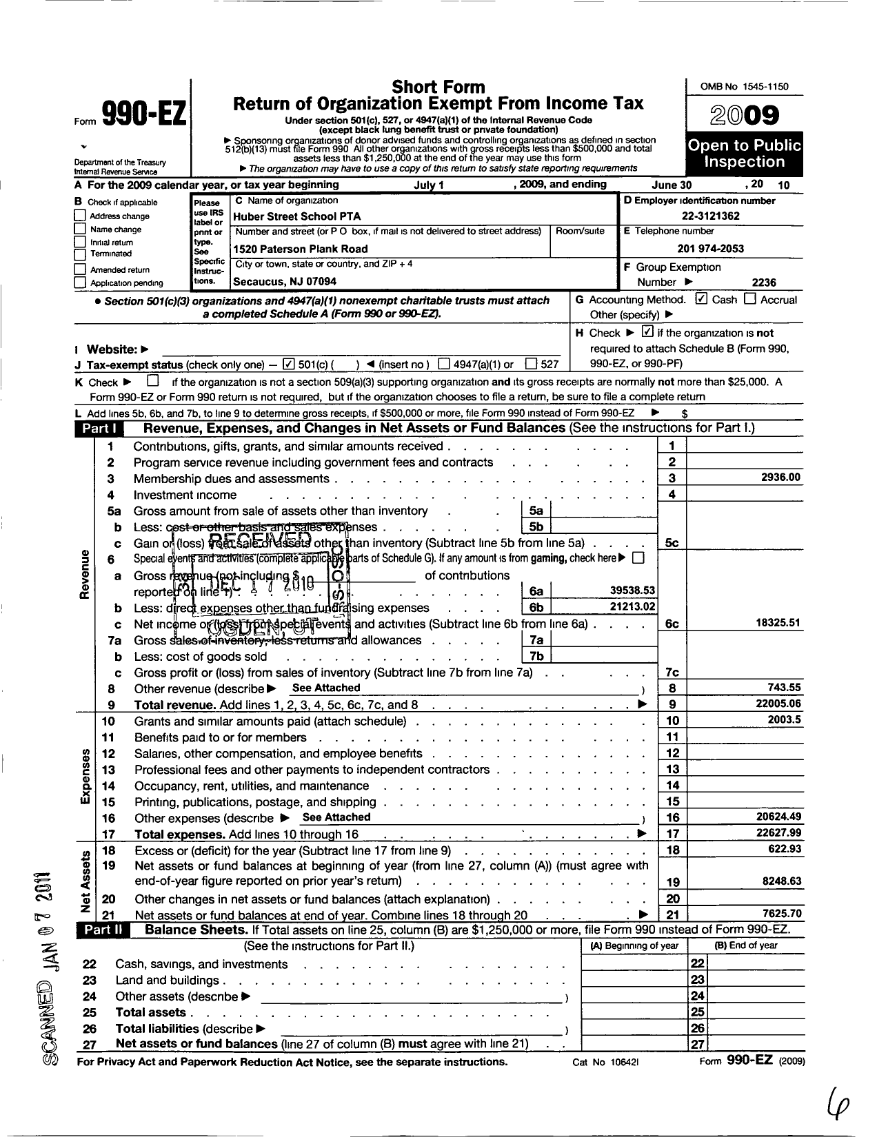 Image of first page of 2009 Form 990EO for New Jersey PTA - 18662 Huber Street School PTA