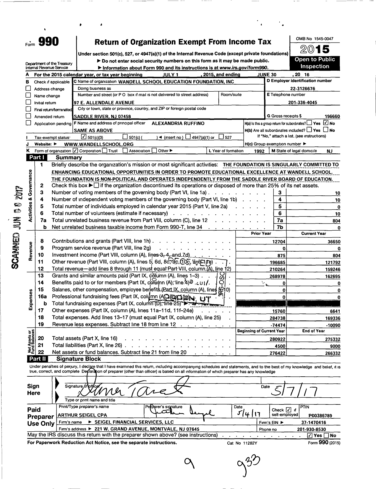 Image of first page of 2015 Form 990 for Wandell School Education Foundation