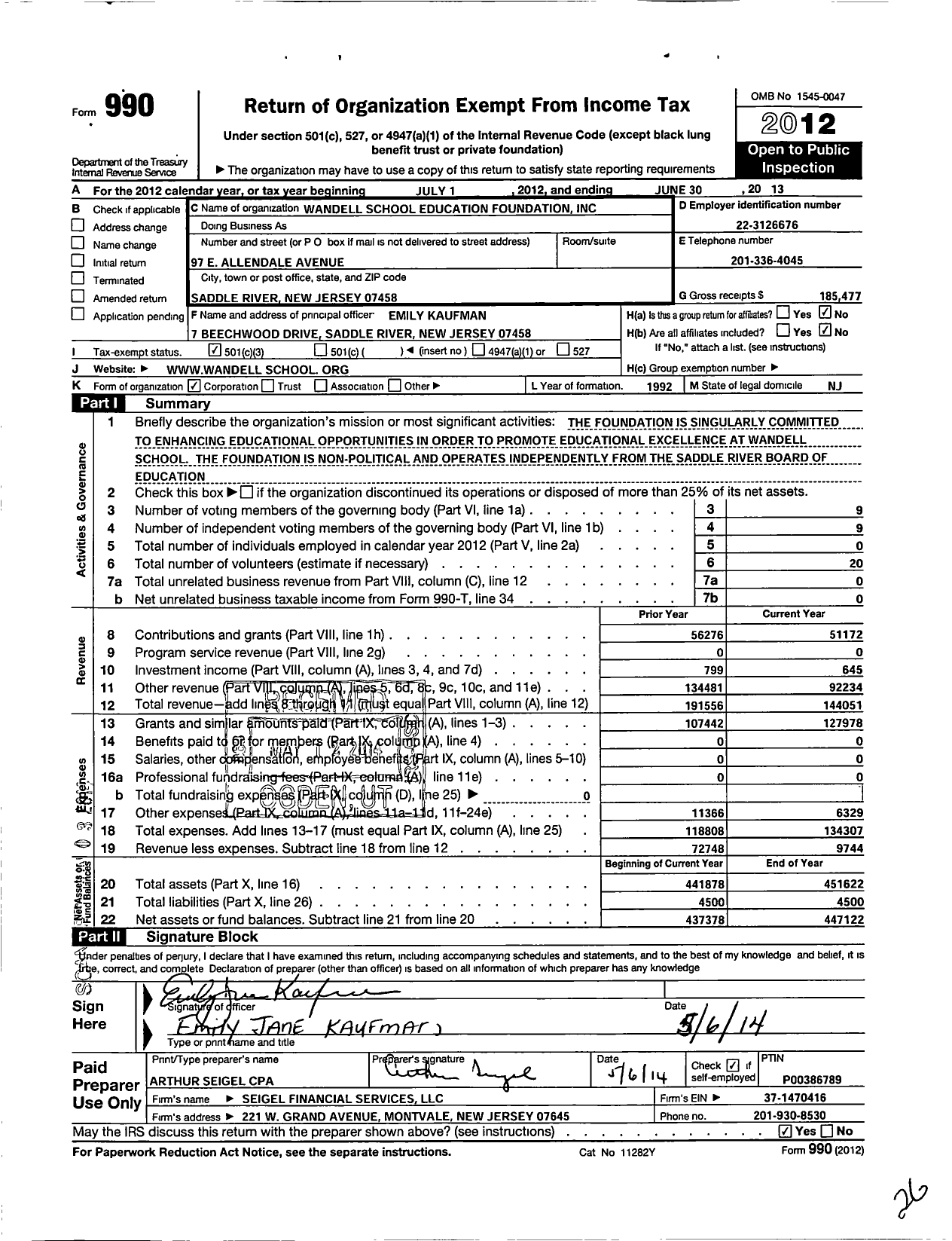 Image of first page of 2012 Form 990 for Wandell School Education Foundation