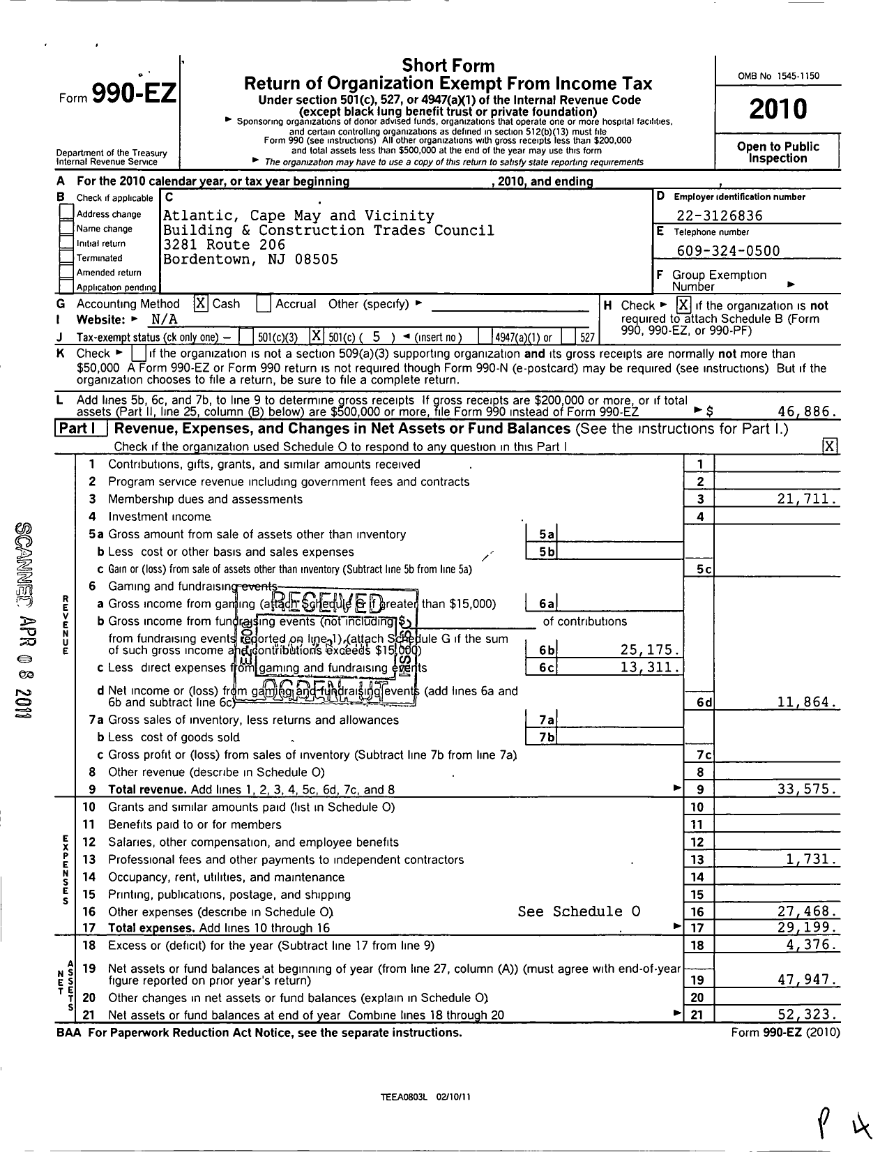 Image of first page of 2010 Form 990EO for South Jersey Building Trades Council