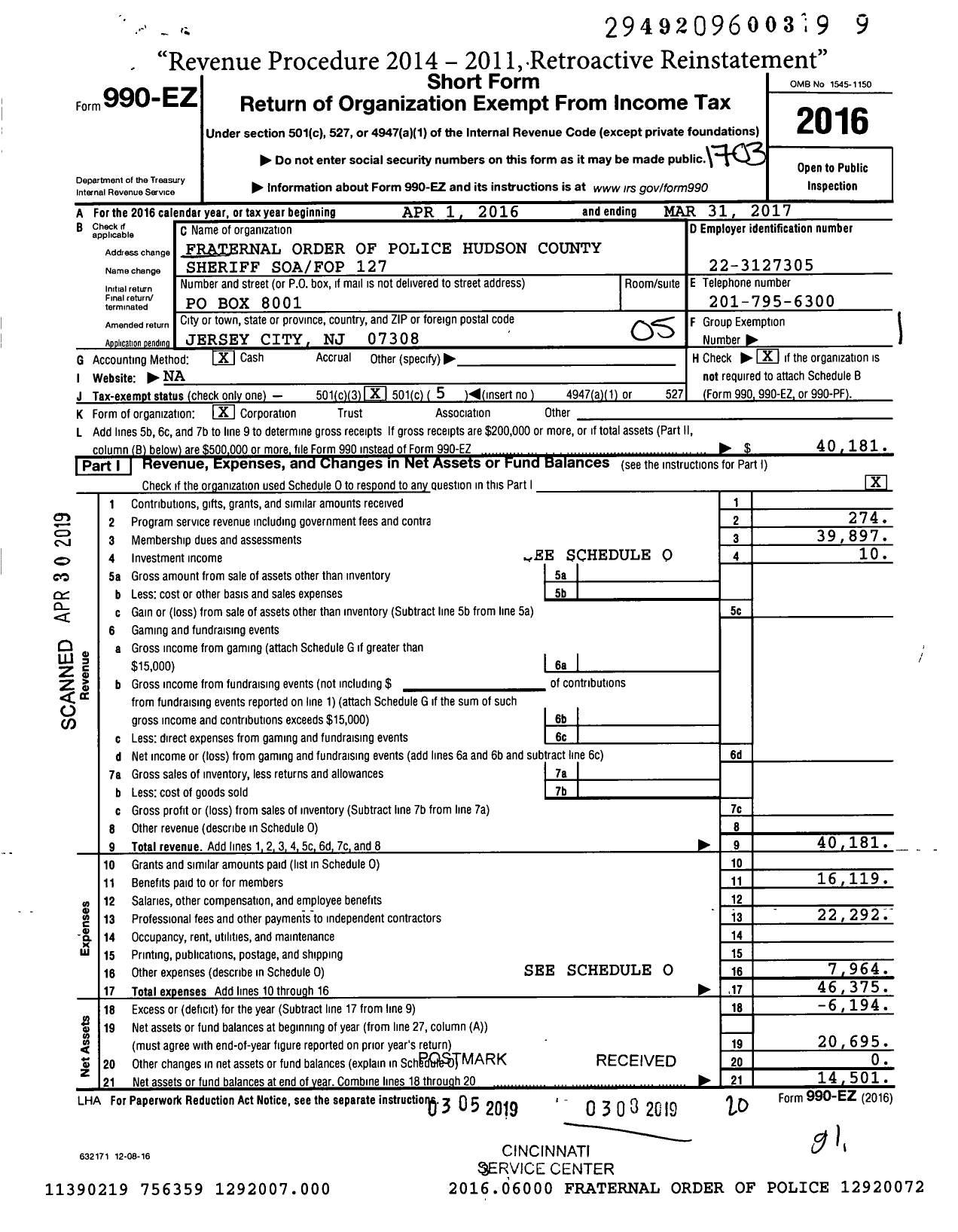 Image of first page of 2016 Form 990EO for Superior Officers Association Sheriffs Dept Hudson County Lodge 127